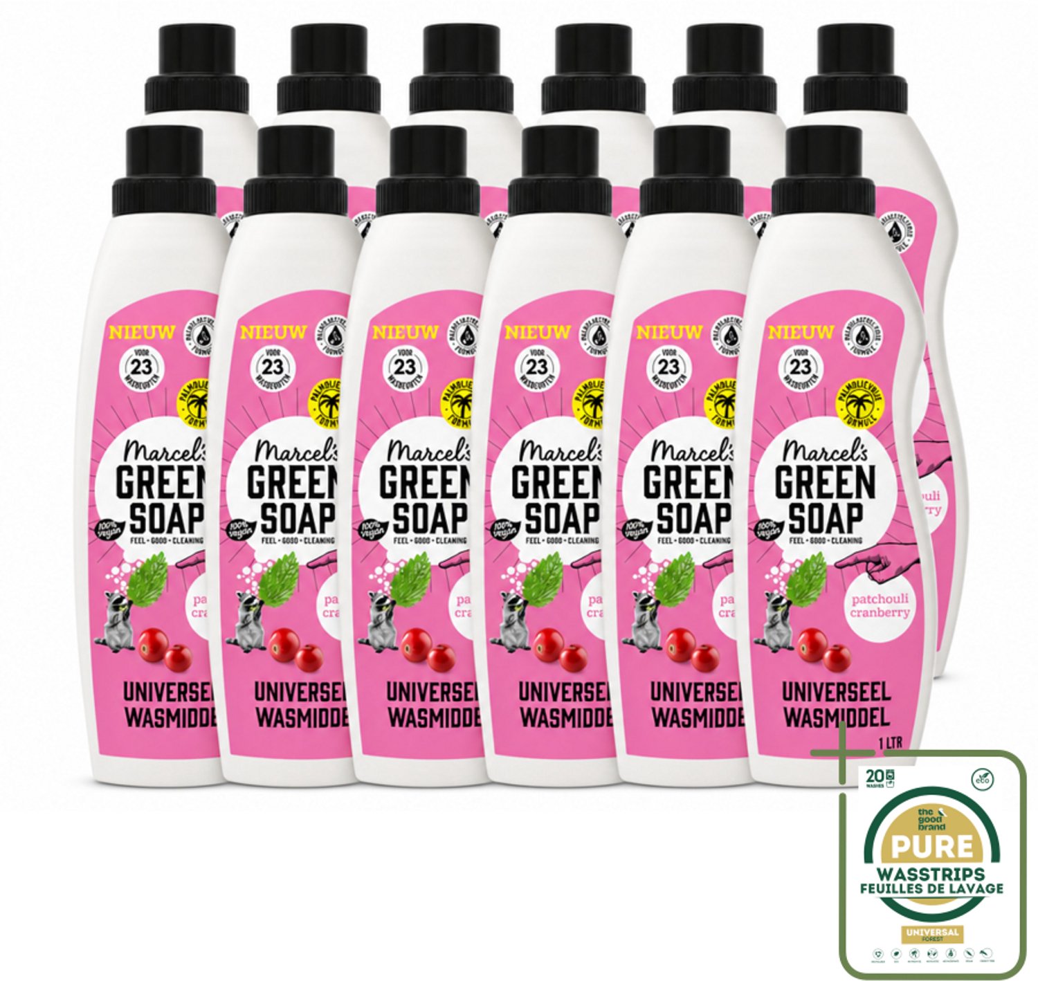 12 x Marcel's Green Soap - Vloeibaar Wasmiddel - Patchouli & Cranberry - Effectief & natuurlijk - 23 Wasbeurten - 1 liter - Wasstrips - Wasmiddel - Natuurlijk Wasmiddel - Zeep Wasmiddel - Milieuvriendelijk Wasmiddel - Plantaardig Wasmiddel