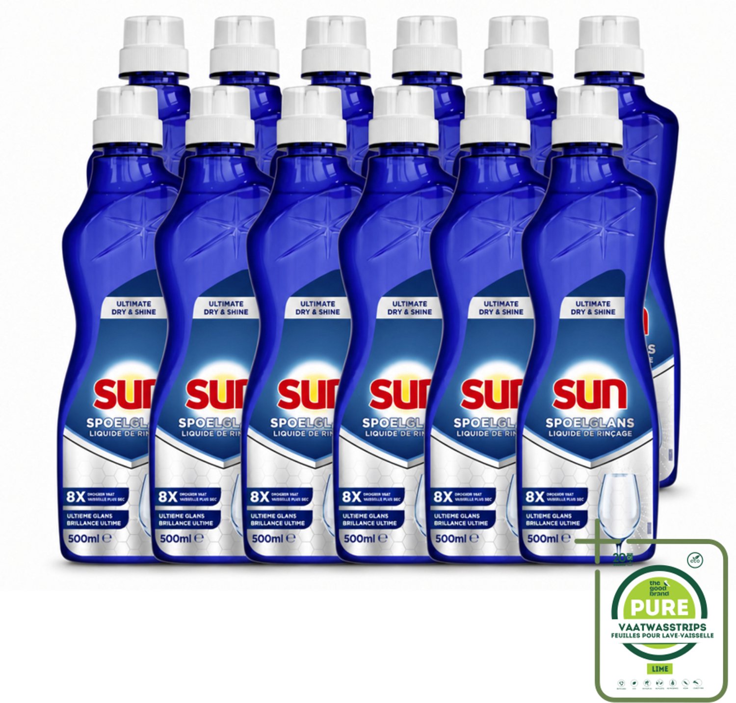 12 x Sun - Spoelglansmiddel - Dry & Shine - 500 ml - Grootverpakking - Vaatwasstrips - Spoelglansmiddel - Vaatwasser - Droog Resultaat - Glans Behoud - Vaat Drogen