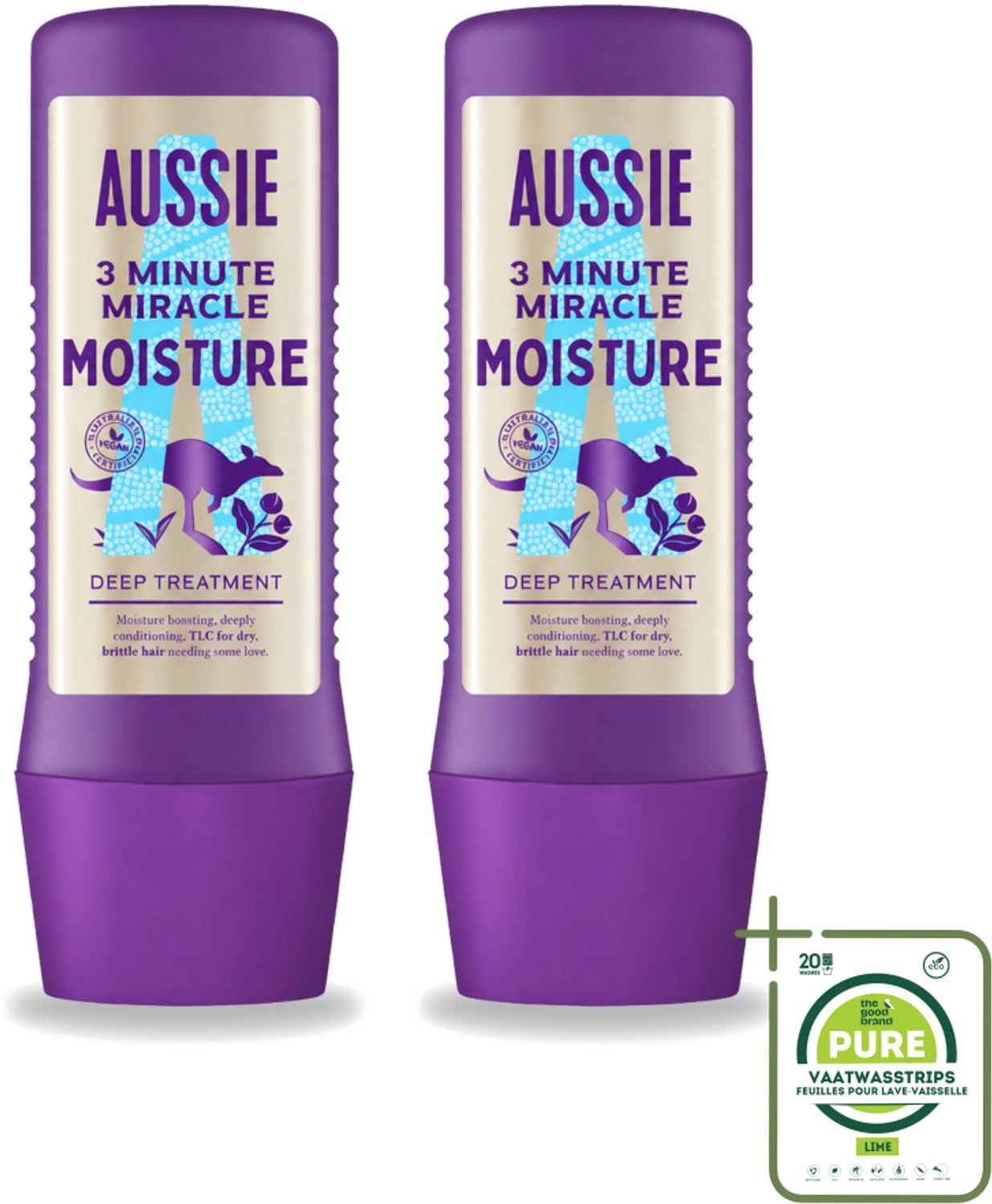 2 x Aussie - Haarmasker - 3 Minute Miracle Moisture - Intensief - Vegan Verzorging - 225 ml - Grootverpakking - Vaatwasstrips - Haarmasker - Haarhydratatie - Droog Haar - Vegan Haarverzorging - Macadamianootolie