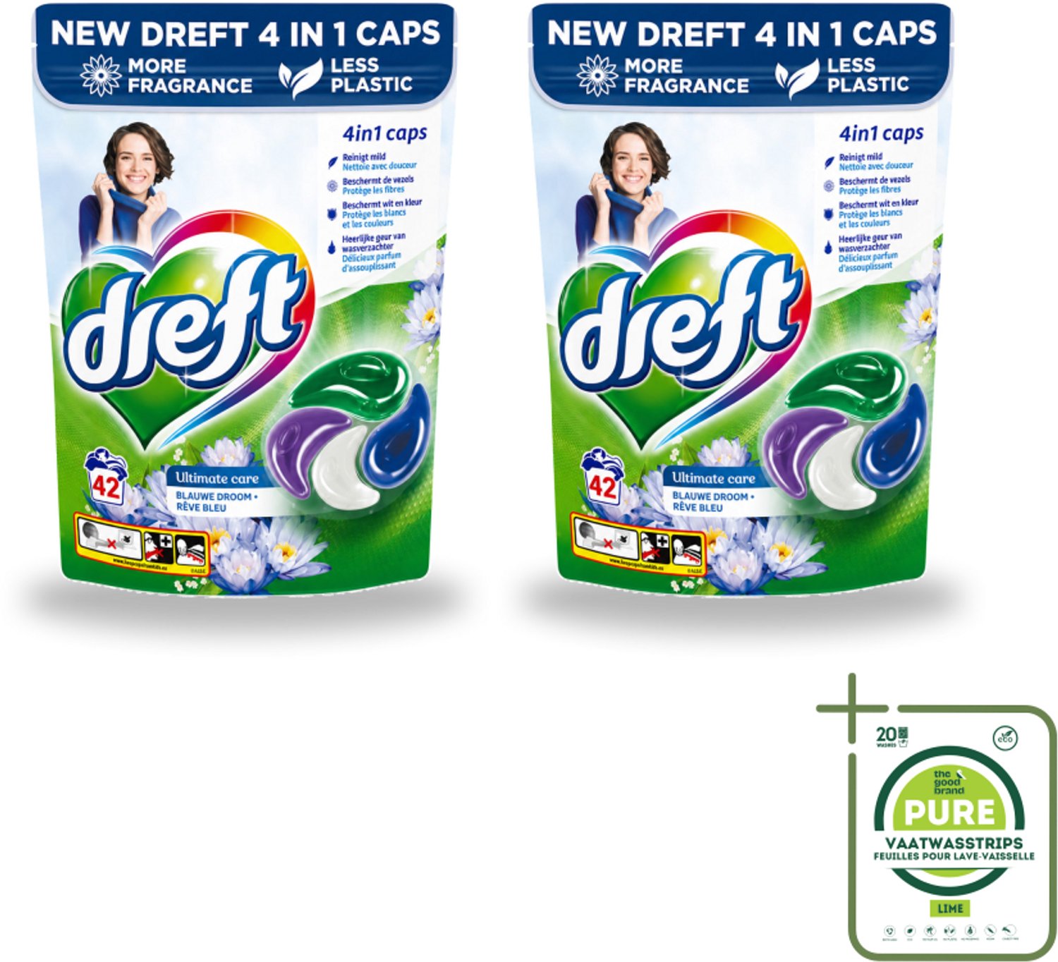 2 x Dreft - Wasmiddelcapsules - 4-in-1 Blue Dream - Krachtige waskracht - 42 Wasbeurten - Grootverpakking - Vaatwasstrips - Wasmiddel - Wasmachine - Wascapsules - Frisheid - Kleurbescherming