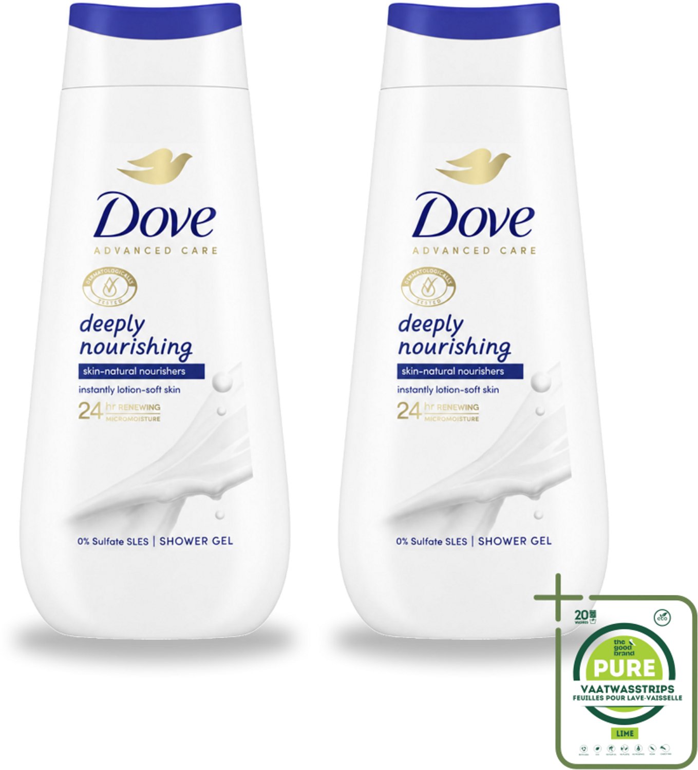 2 x Dove Douchecrème - Deeply Nourishing - 225 ml - Grootverpakking - Vaatwasstrips - Douchegel - Voeding - Hydratatie - Droge Huid - Milieuvriendelijk