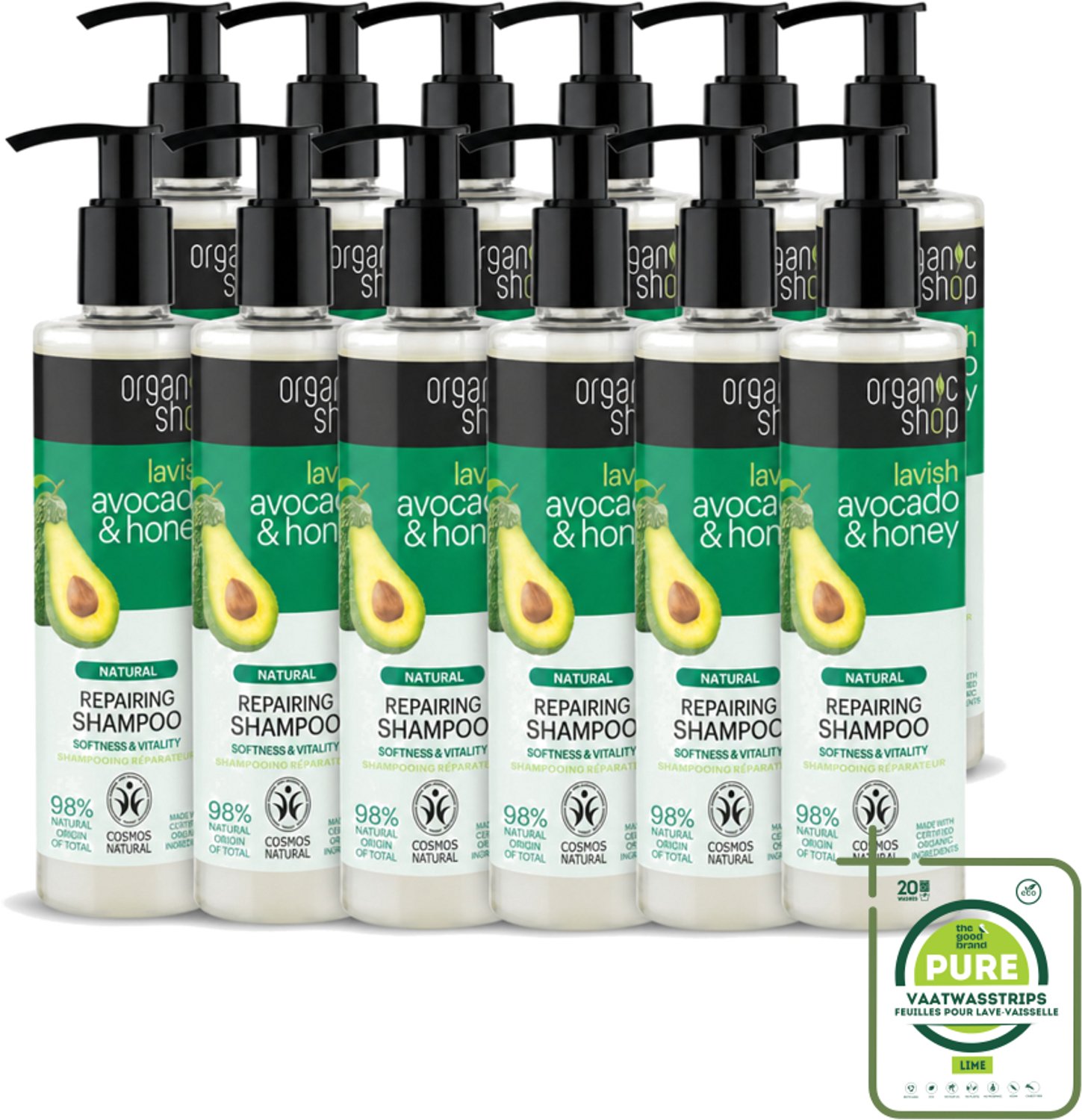 12 x Organic Shop - Natural Repairing Shampoo - Avocado & Honey - Hydraterend en Herstellend - 280 ml - Grootverpakking - Vaatwasstrips - Natuurlijke Shampoo - Avocado En Honing - Herstellend Haar - Hydraterend Haar - Droog Haar