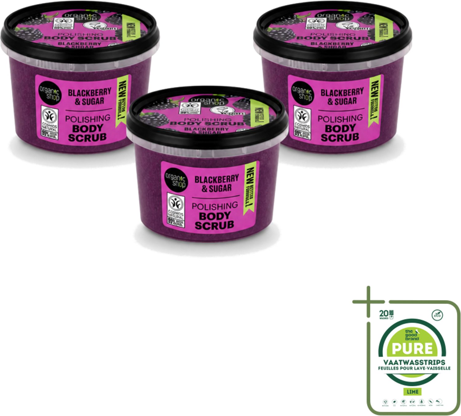 3 x Organic Shop - Body Scrub Blackberry - Verfrissend en Hydraterend - 250 ml - Grootverpakking - Vaatwasstrips - Bodyscrub - Exfoliatie - Huidverzorging - Braamextract - Natuurlijke Suiker