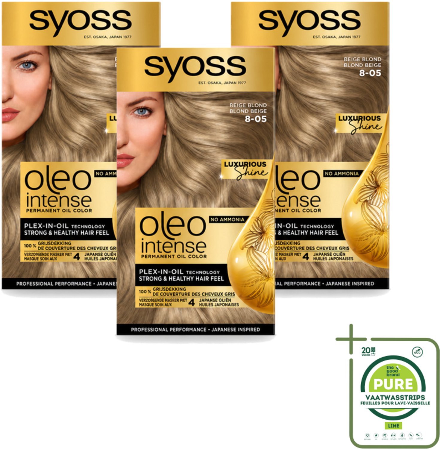 3 x SYOSS - Oleo Intense 8-05 Beige Blond - Haarverf - Zonder Ammoniak - Grijsdekking - Langdurige Kleur - Grootverpakking - Vaatwasstrips - Haarkleuring - Haarkleur - Haarverzorging - Olieformule - Grijsdekking