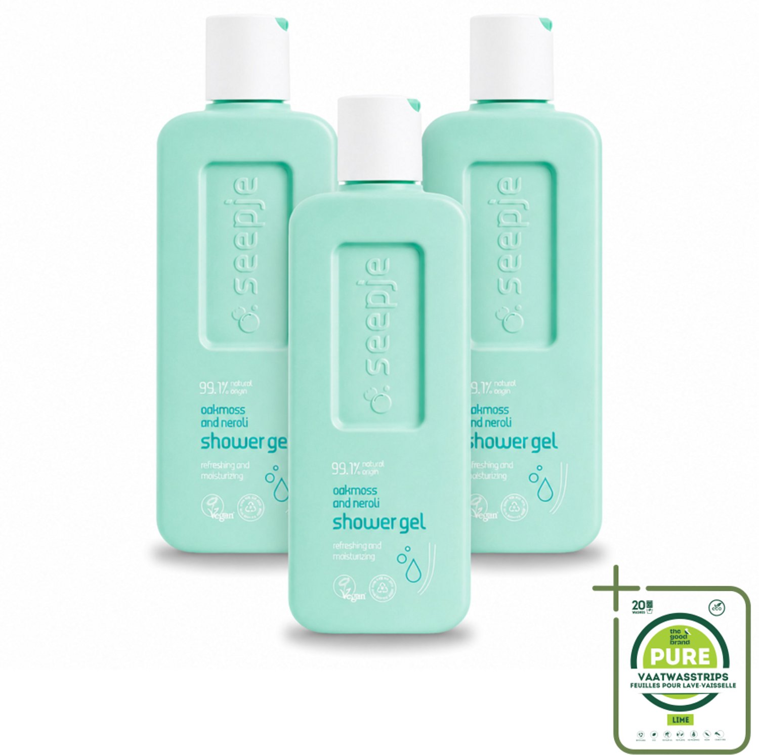 3 x Seepje - Douchegel - Hydraterend & Verfrissend - Eikenmos en Neroli - 300 ml - Grootverpakking - Vaatwasstrips - Douchegel - Natuurlijke Douchegel - Eikenmos - Neroli - Huidverzorging