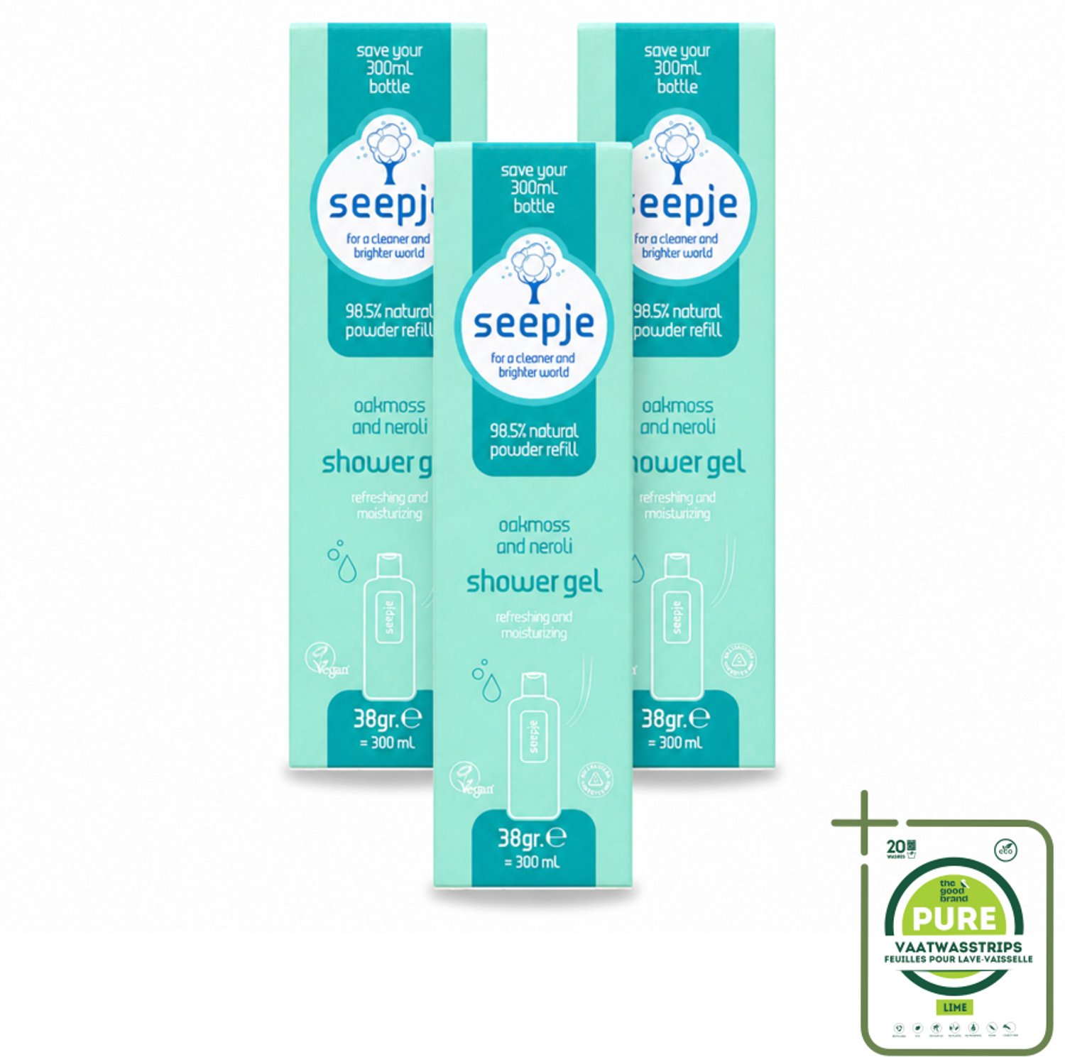 3 x Seepje - Douchegel - Duurzaam & Handig - Eikenmos en Neroli - Navulling - 38 gr - Grootverpakking - Vaatwasstrips - Douchegel Navulling - Eikenmos - Neroli - Natuurlijke Douchegel - Duurzame Douchegel