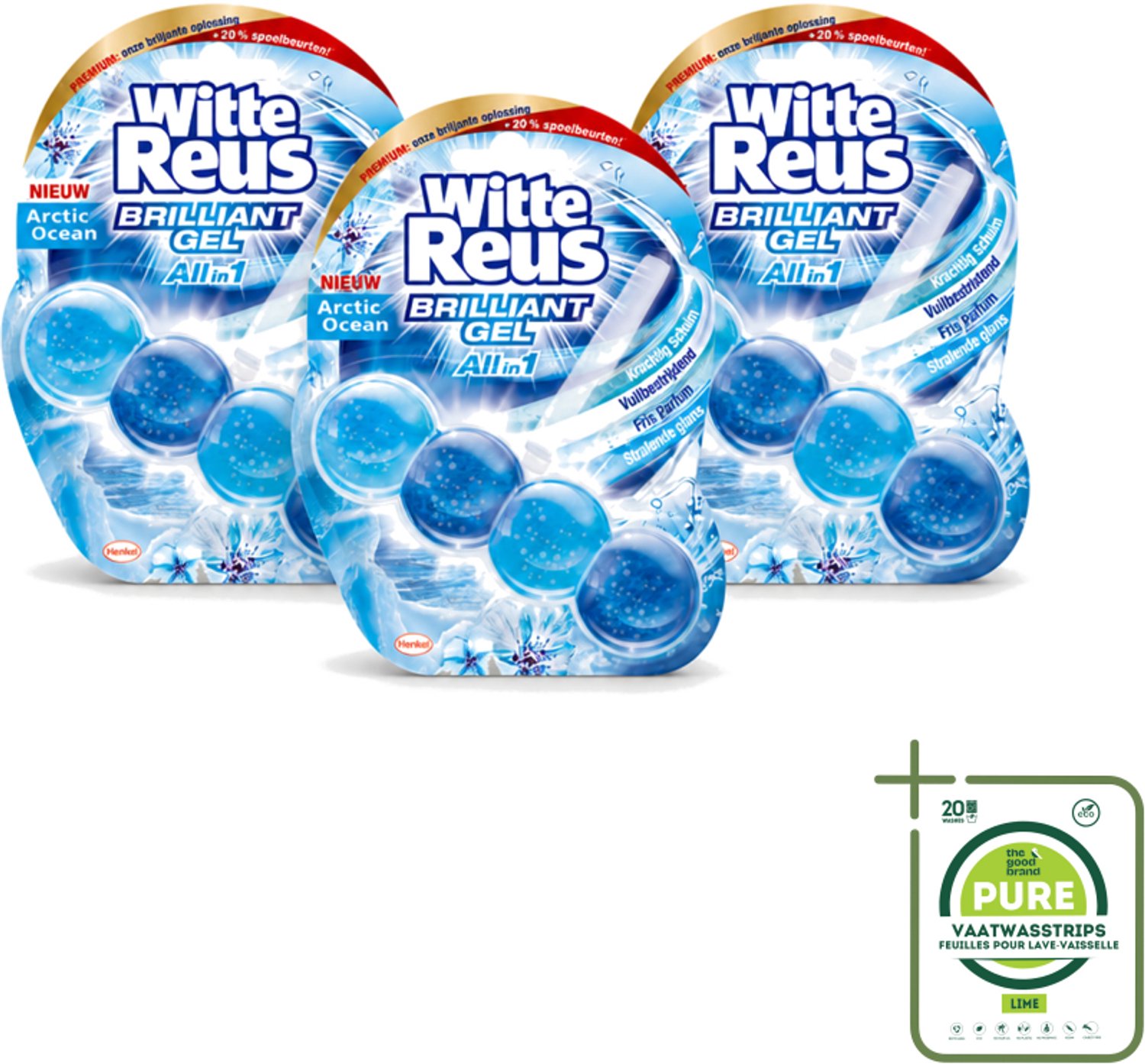 3 x Witte Reus - Brilliant Gel Toiletblok - Arctic Ocean - 1 Toiletblok - Grootverpakking - Vaatwasstrips - Toilet Reinigen - Reinigingsgel - Oceaangeur - Toiletpot Reinigen - Frisse Geur