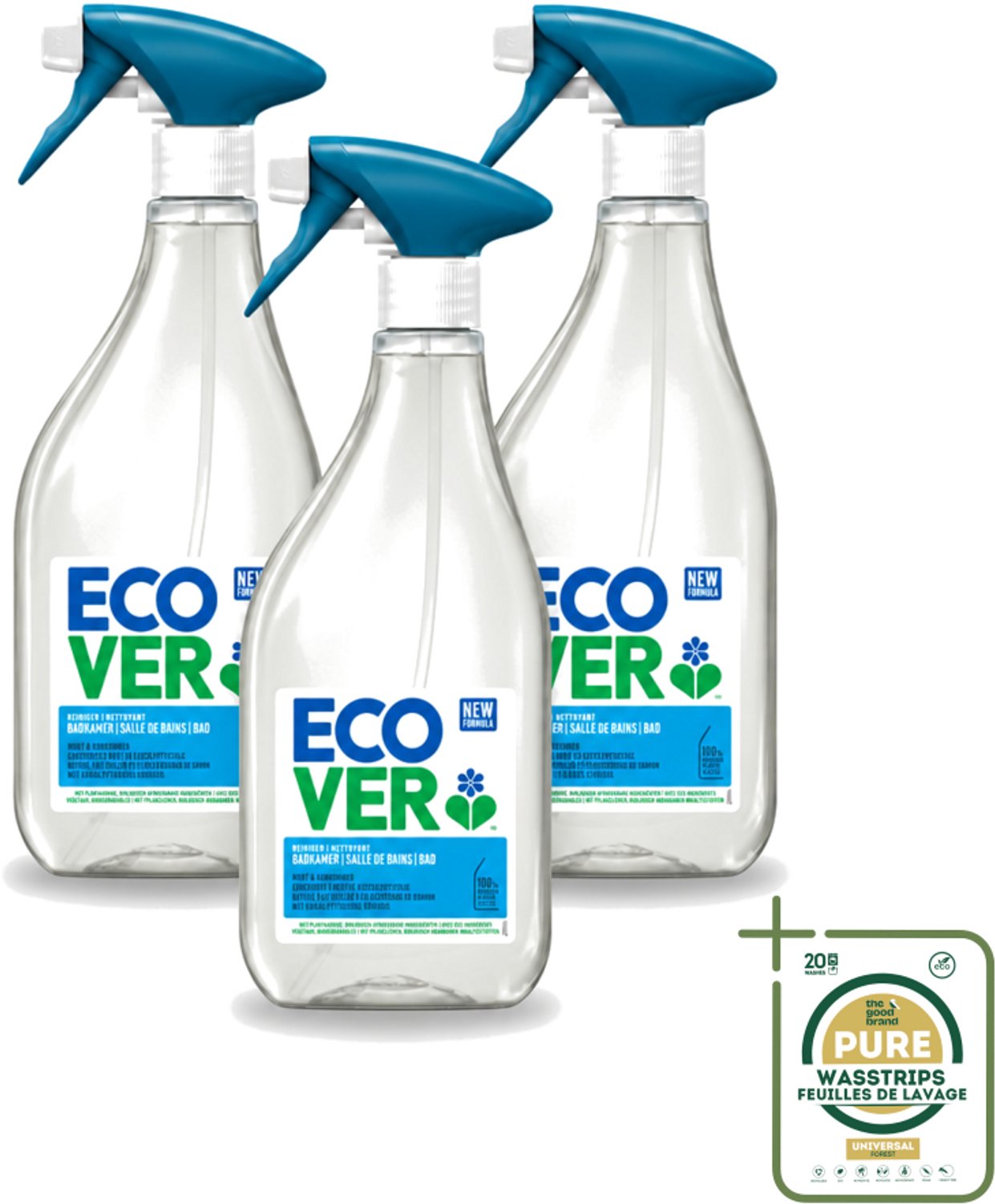 3 x Ecover - Badkamerreiniger - Munt & Komkommer - 500 ml - Wasstrips - Badkamerreiniger - Kalkverwijdering - Zeepresten Verwijderen - Natuurlijke Badkamerreiniger - Munt En Komkommer Geur