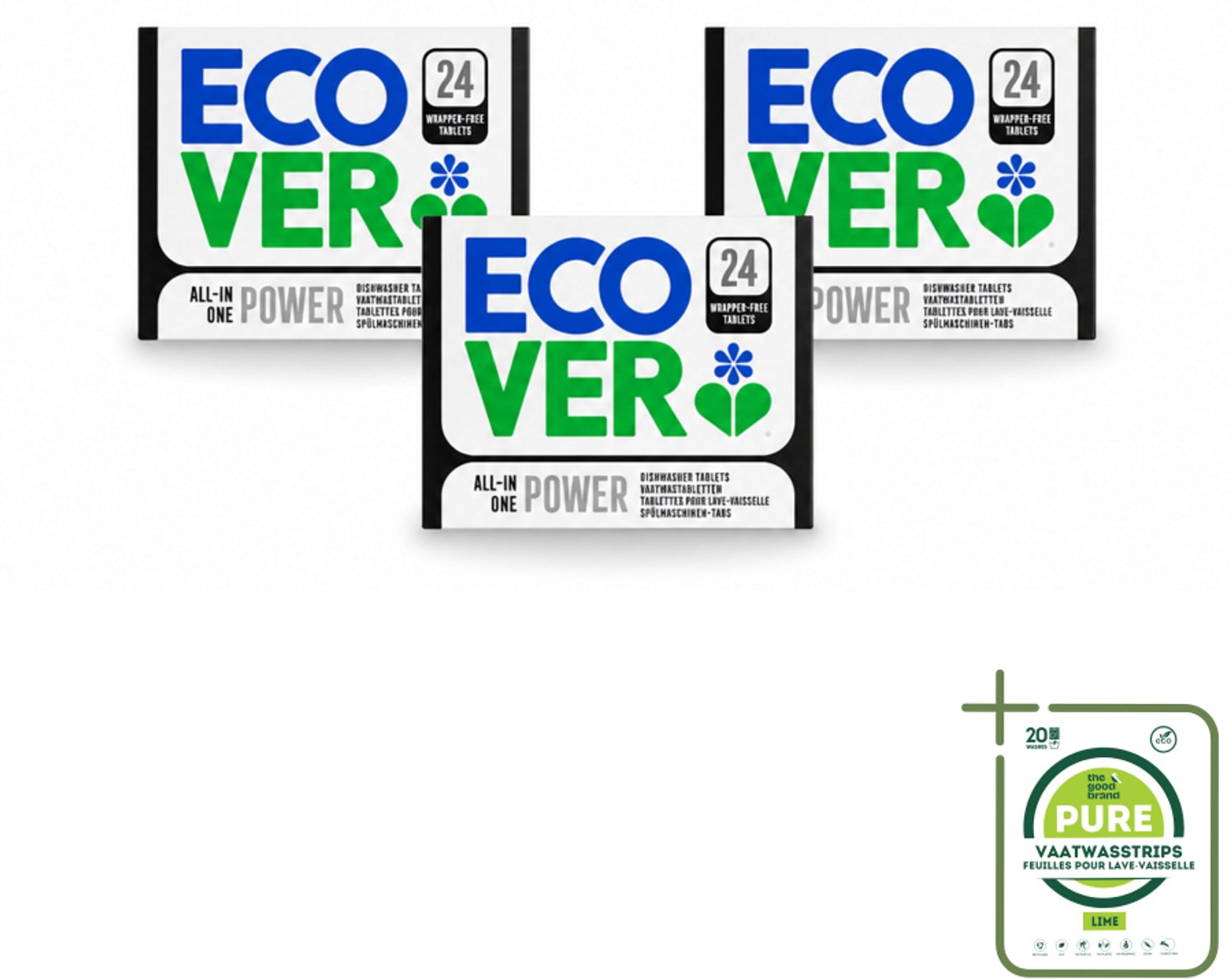 3 x Ecover - Vaatwastabletten All-in-One Power - 24 Tabs - Grootverpakking - Vaatwasstrips - Vaatwastabletten - Schoonmaken - Milieuvriendelijk - Glansspoelmiddel - Zout