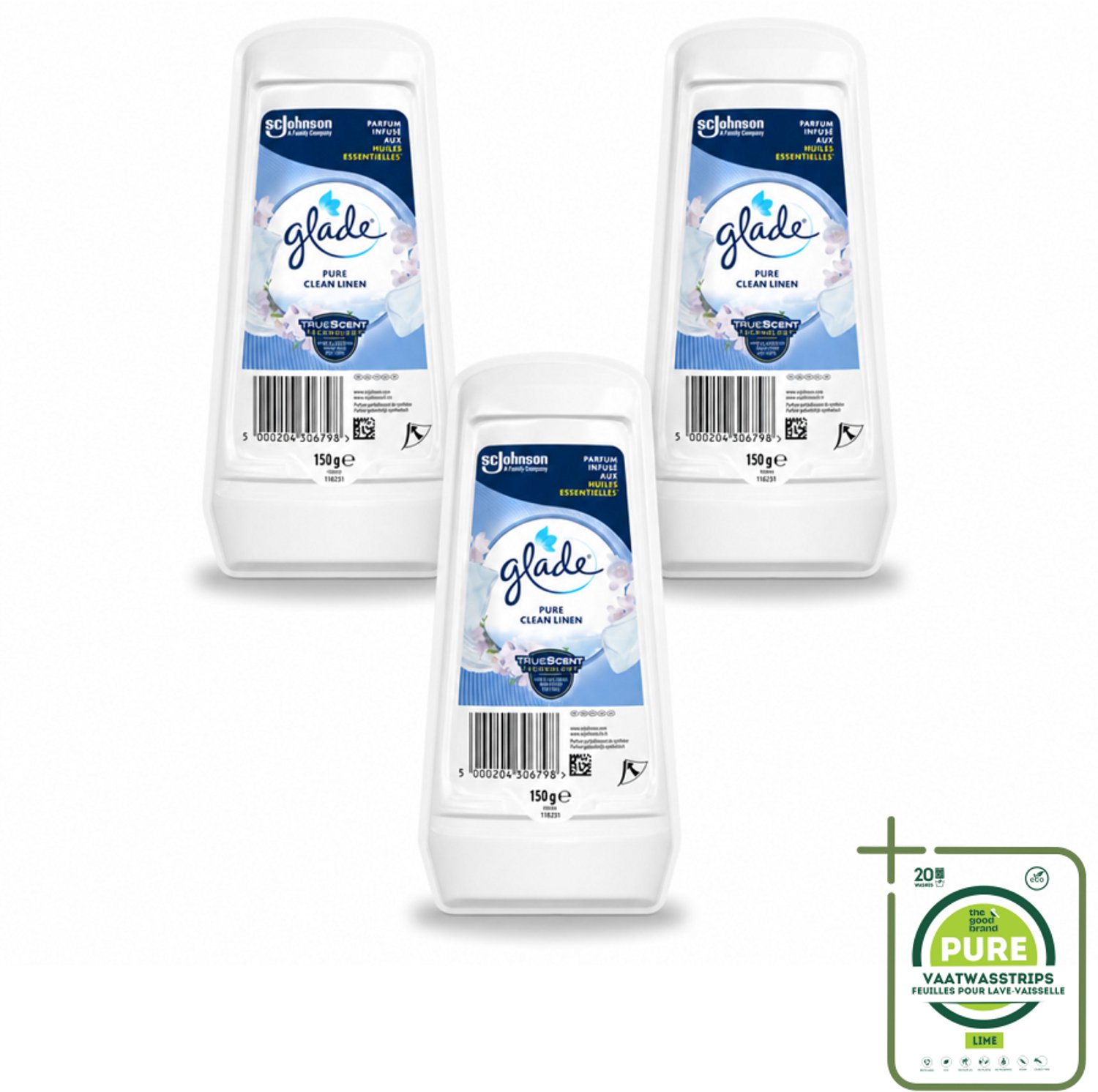 3 x Glade - Gel - Pure Clean Linen - 150 g - Grootverpakking - Luchtverfrisser - Linnengeur - Geurverspreider - Frisse Geur - Geur In Huis