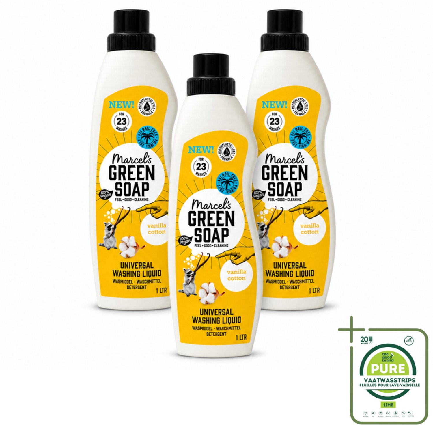 3 x Marcel's Green Soap - Vloeibaar Wasmiddel - Katoen & Vanille - Effectief & natuurlijk - 23 Wasbeurten - 1 Liter - Grootverpakking - Vaatwasstrips - Wasmiddel - Natuurlijke Zeep - Milieuvriendelijk - Katoen En Vanille - Schoon Wasgoed