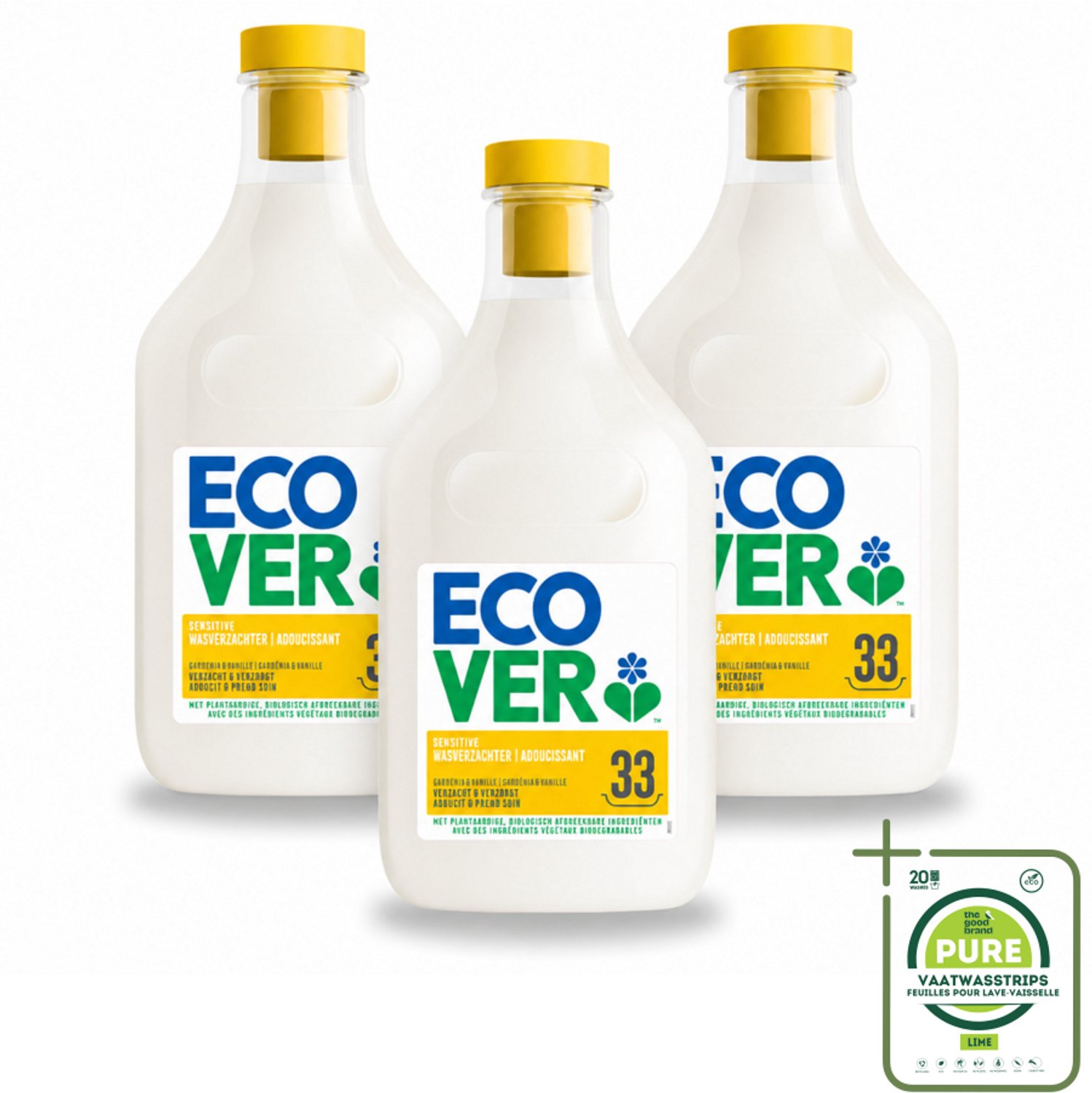 3 x Ecover - Wasverzachter - Gardenia - 1 liter - 33 wasbeurten - Grootverpakking - Vaatwasstrips - Wasverzachter - Wasverzachter Gardenia En Vanille - Wasverzachter Voor Kleding - Wasverzachter Voor Gevoelige Huid - Wasverzachter Biologisch