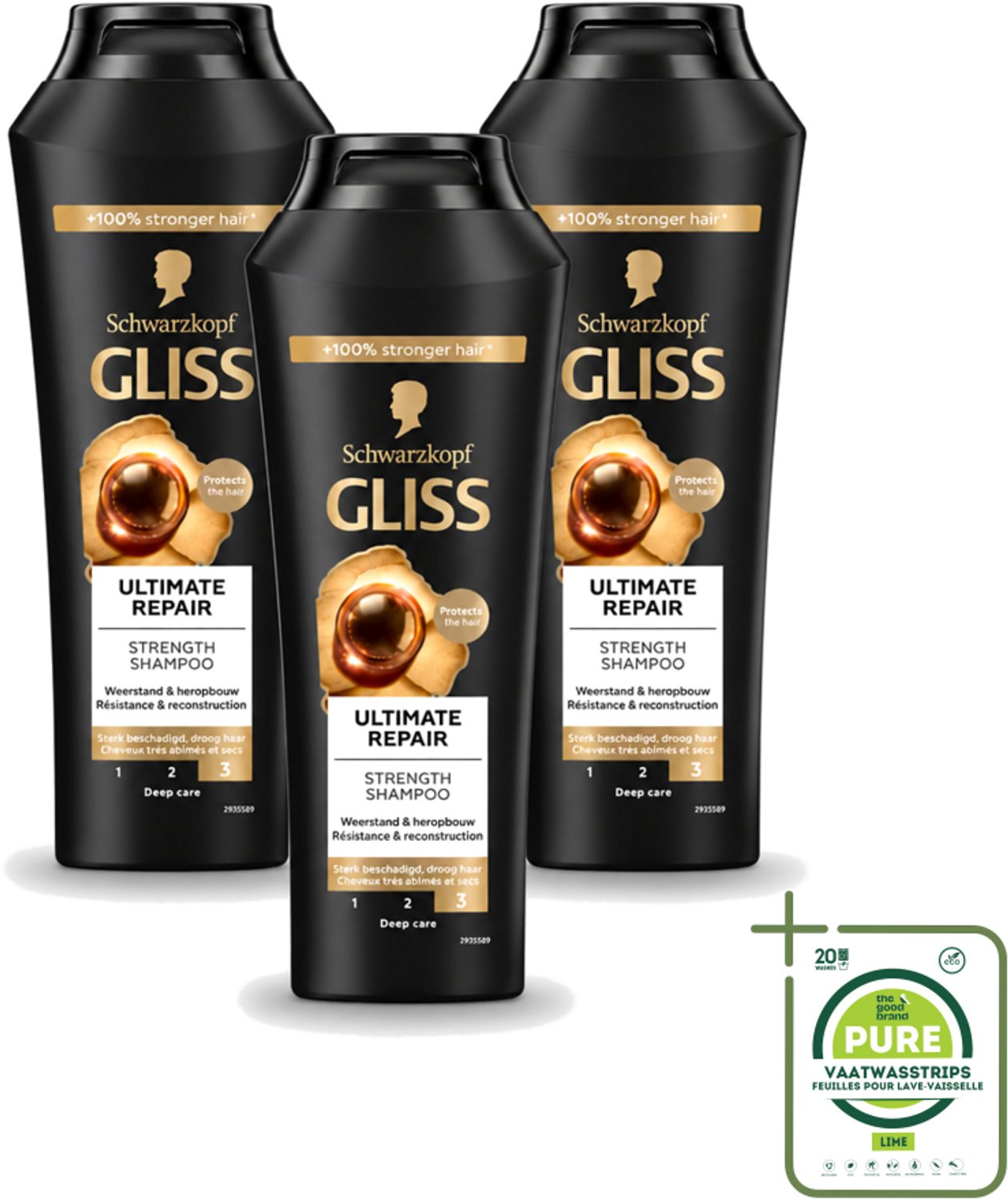 3 x Gliss - Shampoo - Ultimate Repair - Voor Intensief Herstel - 250 ml - Grootverpakking - Vaatwasstrips - Herstel Haar - Beschadigd Haar - Droog Haar - Haarbreuk - Keratine