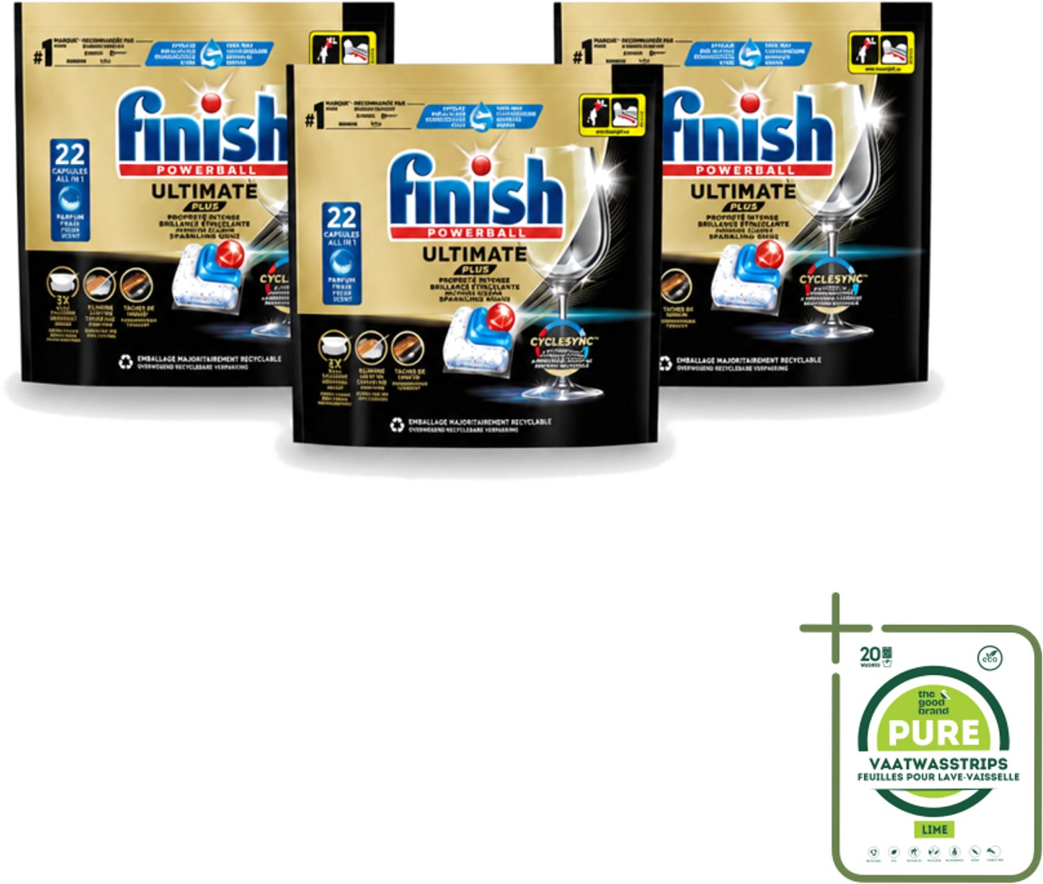 3 x Finish - Vaatwasmiddel - Ultimate Plus Vaatwastabletten Regular - Krachtige Alles-in-1 Reiniging - 22 capsules - Grootverpakking - Vaatwasstrips - Vaatwastabletten - Vaatwasmachine - Reinigingsmiddel - Glans - Vaat Reinigen