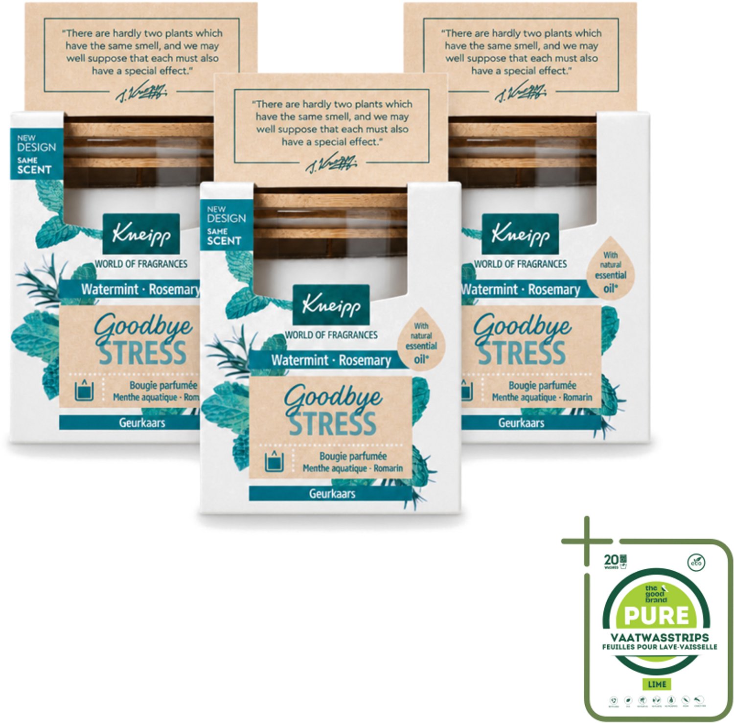 3 x Kneipp - Geurkaars - Goodbye Stress - Watermunt & Rozemarijn - 20 branduren - Grootverpakking - Vaatwasstrips - Geurkaars - Ontspanning - Stress - Rust - Wellness