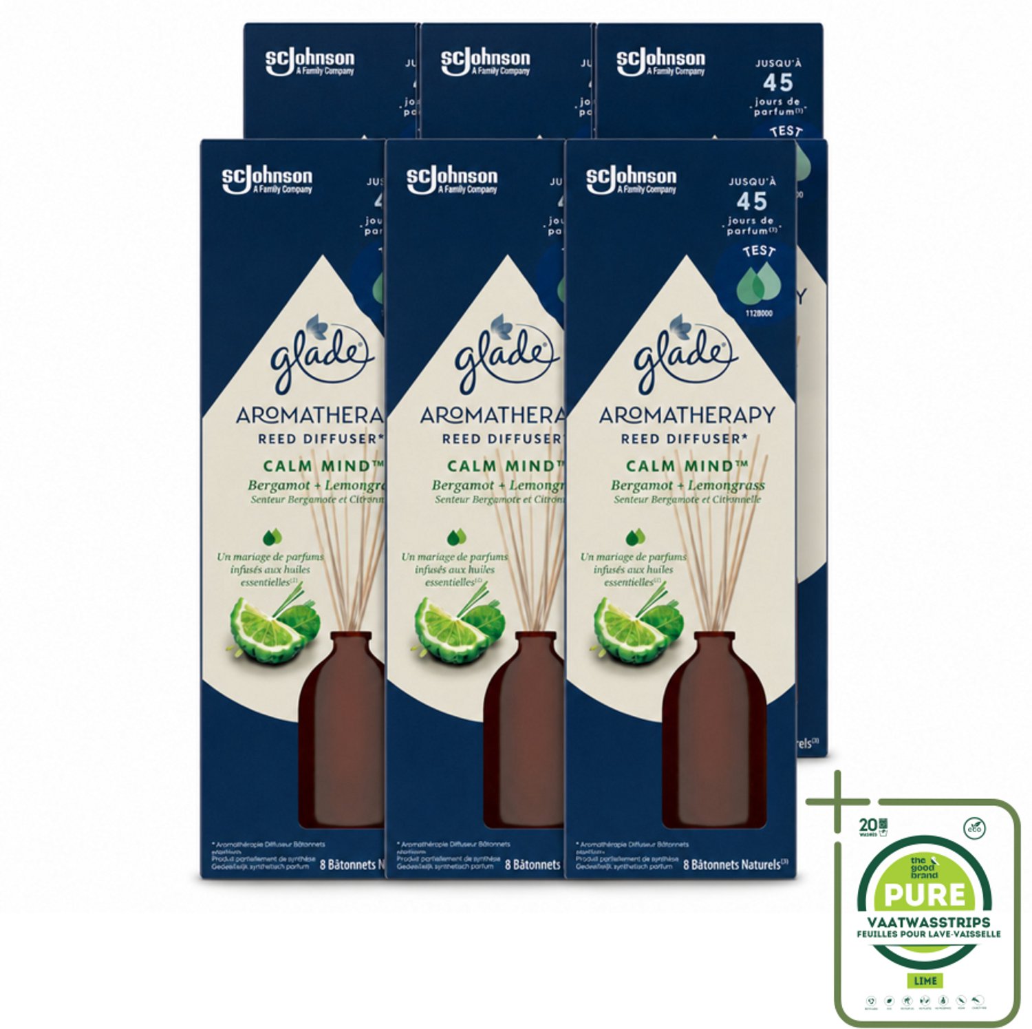 6 x Glade - Geurstokjes Calm Mind - Aromatherapie Geurverspreiding - 80 ml - Grootverpakking - Vaatwasstrips - Geurstokjes - Ontspanning - Geur - Aromatherapie - Rust