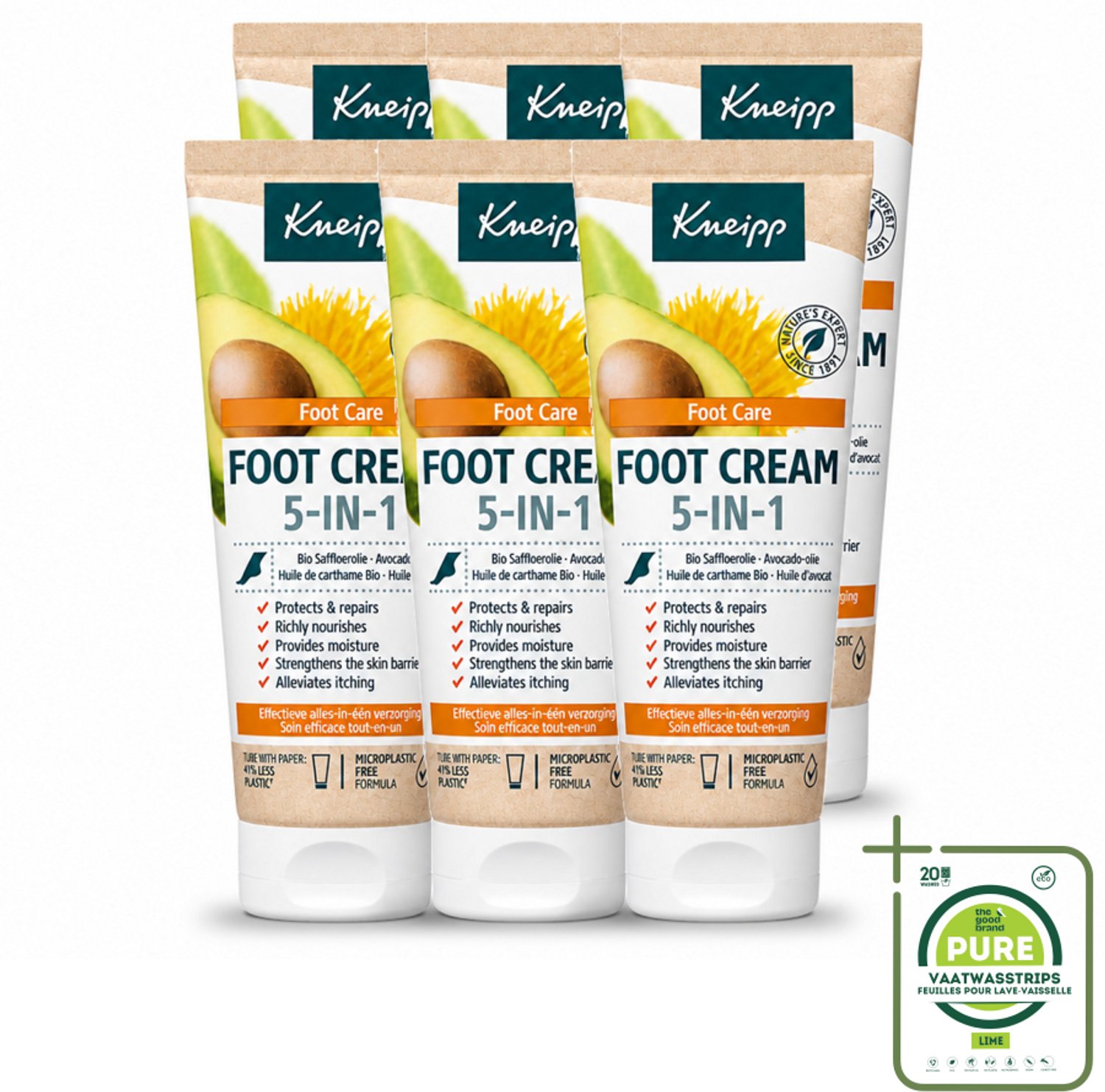 6 x Kneipp - Voetcrème 5‑in‑1 - Verlicht jeuk, hydrateert & herstelt - 75 ml - Grootverpakking - Vaatwasstrips - Voetcrème - Voetverzorging - Voeten Herstellen - Voeten Hydrateren - Voeten Kalmeren