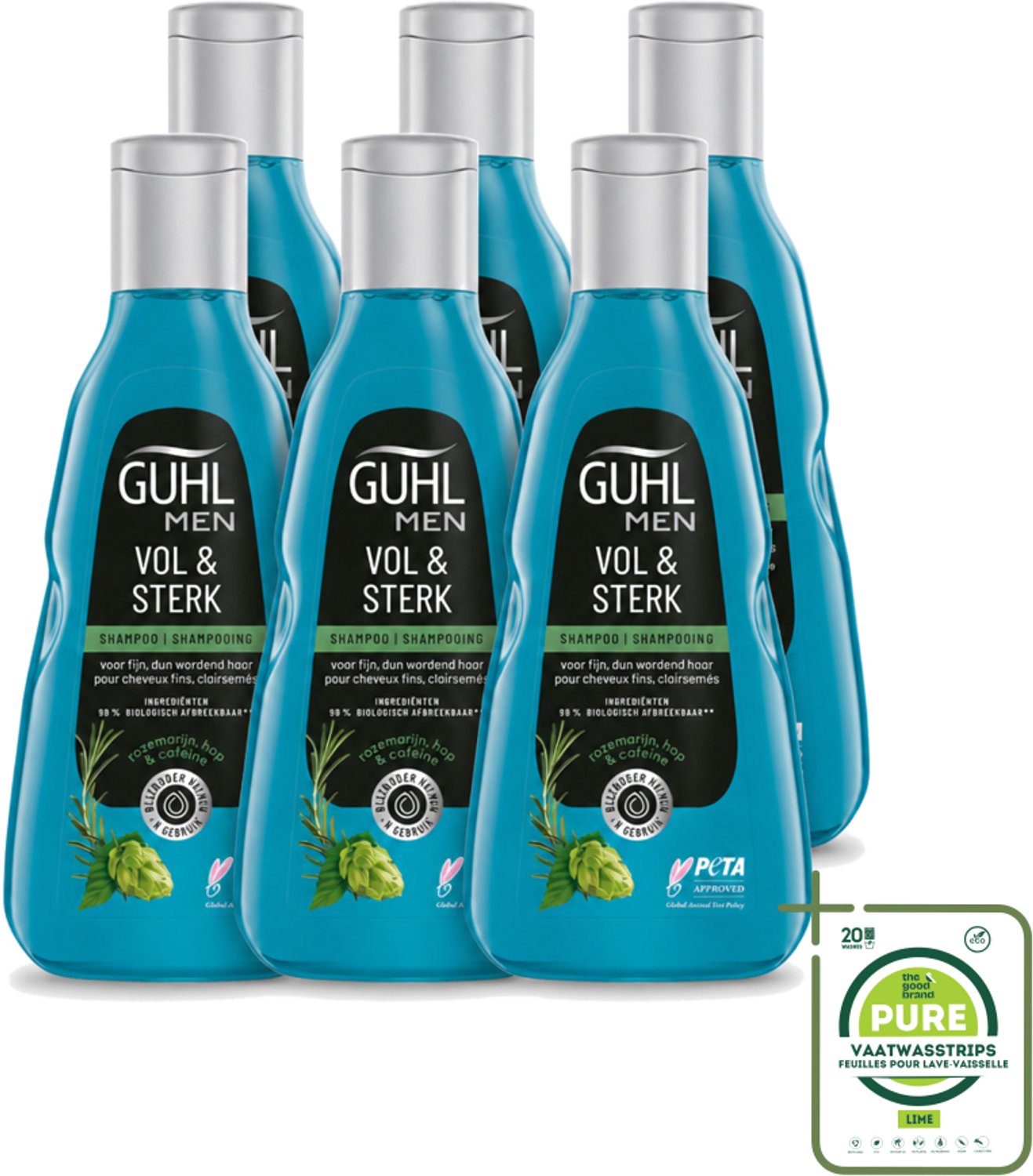 6 x Guhl - Shampoo - Men Vol & Sterk - 250 ml - Grootverpakking - Vaatwasstrips - Mannenhaar - Volume - Kracht - Vitaliteit - Cafeïne