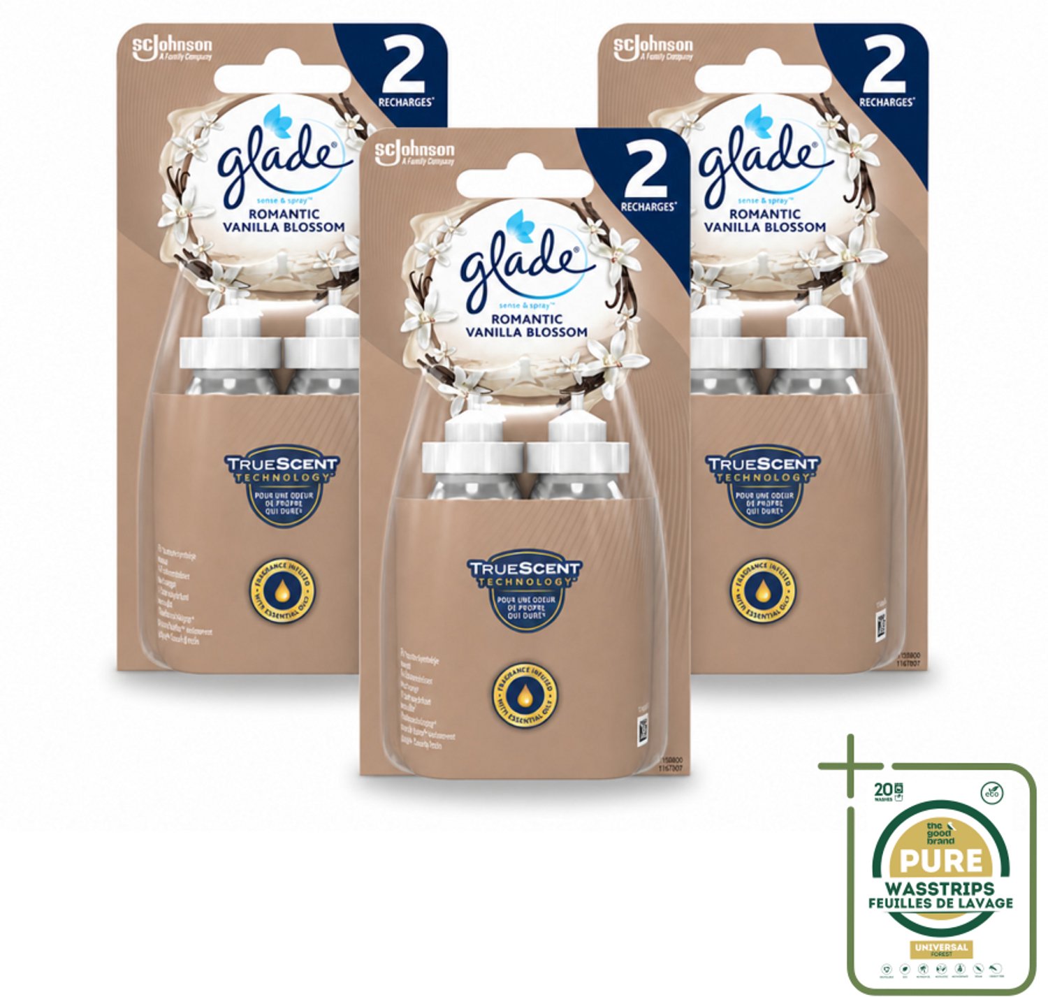3 x Glade - Sense & Spray - Romantic Vanillebloesem - 2 × 18 ml - Wasstrips - Romantische Geur - Luchtverfrisser - Geurverspreider - Automatische Geur - Essentiële Oliën
