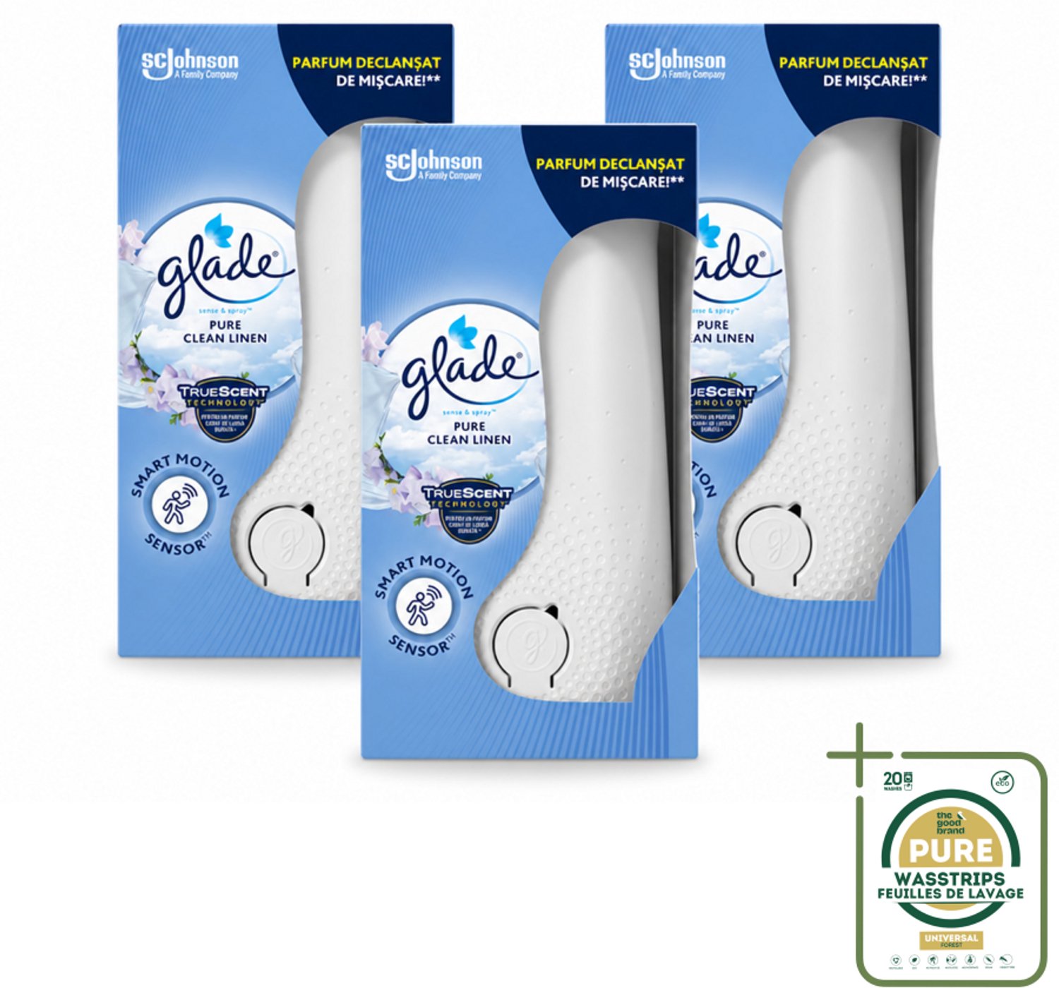 3 x Glade - Houder Sense & Spray - Pure Clean Linen - 18 ml - Wasstrips - Luchtverfrisser - Geurverspreiding - Geurhouder - Geurautomatisch - Geur In Badkamer
