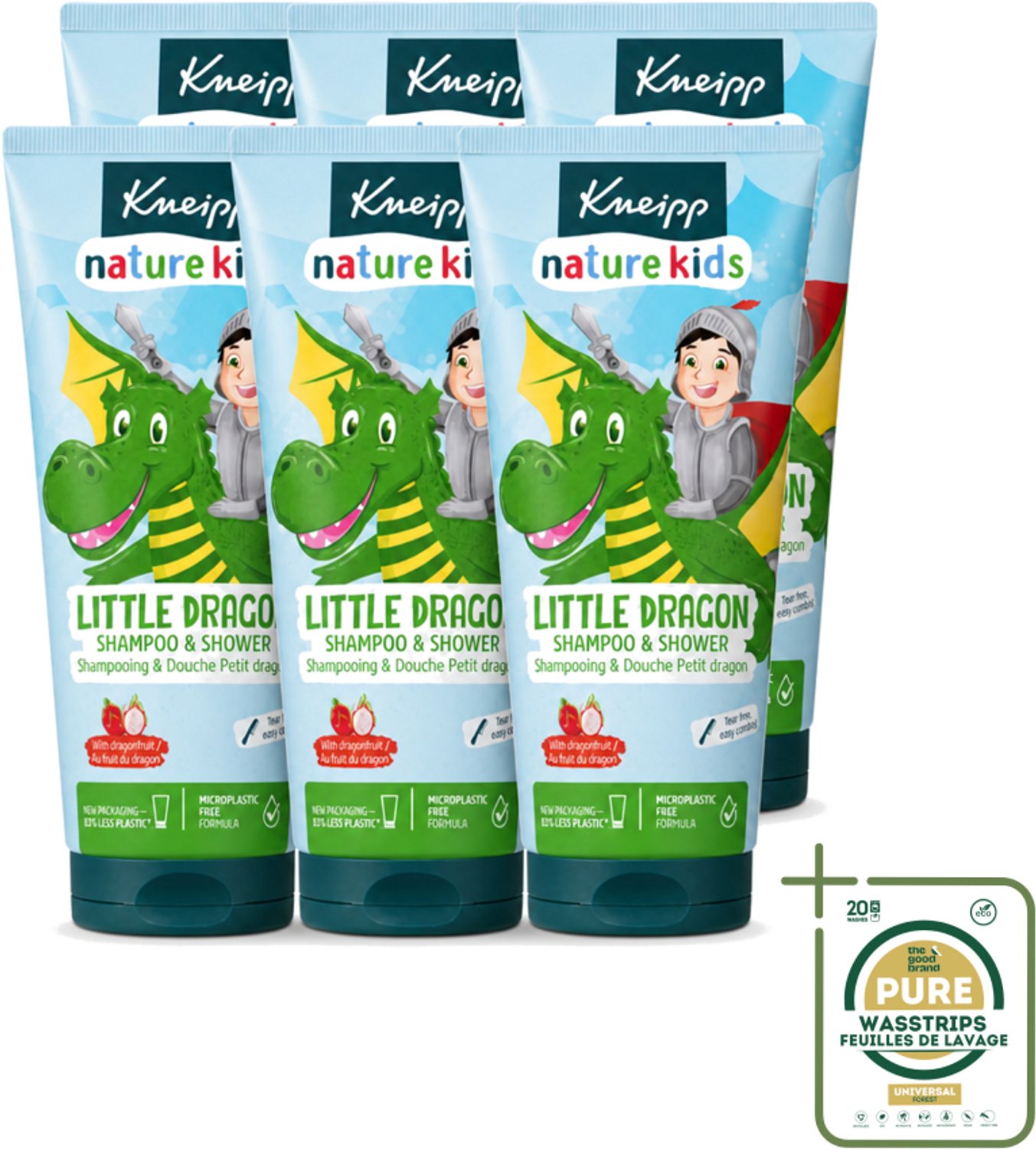 6 x Kneipp - Shampoo & Showergel - Little Dragon - 200 ml - Wasstrips - Kinderen Baden - Gevoelige Huid - Shampoo En Douchegel - 2-in-1 - Dragonfruit Geur