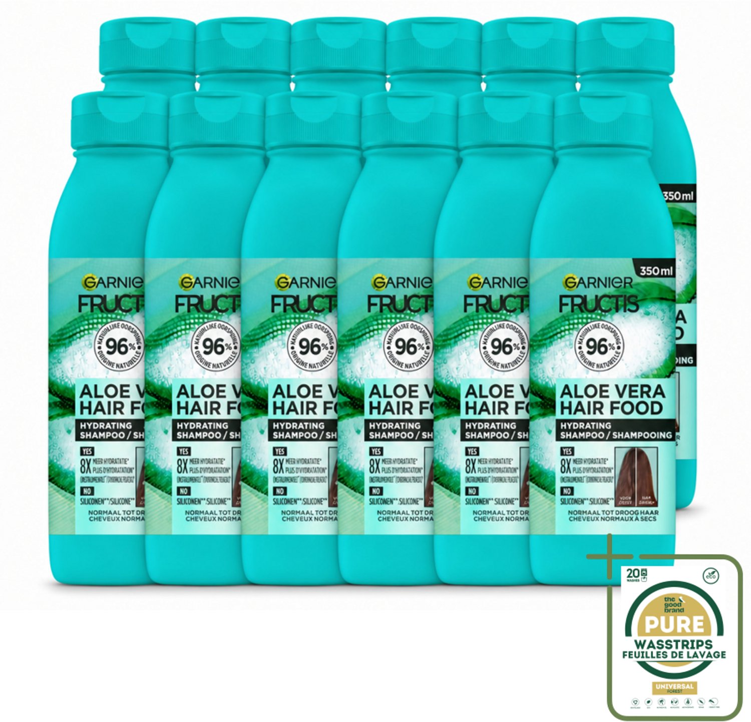 12 x Garnier - Fructis Hair Food Aloe Vera - Shampoo - Normaal tot Droog Haar - 350 ml - Wasstrips - Aloe Vera Shampoo - Hydratiërende Shampoo - Droog Haar Verzorging - Normaal Haar Verzorging - Vegan Shampoo