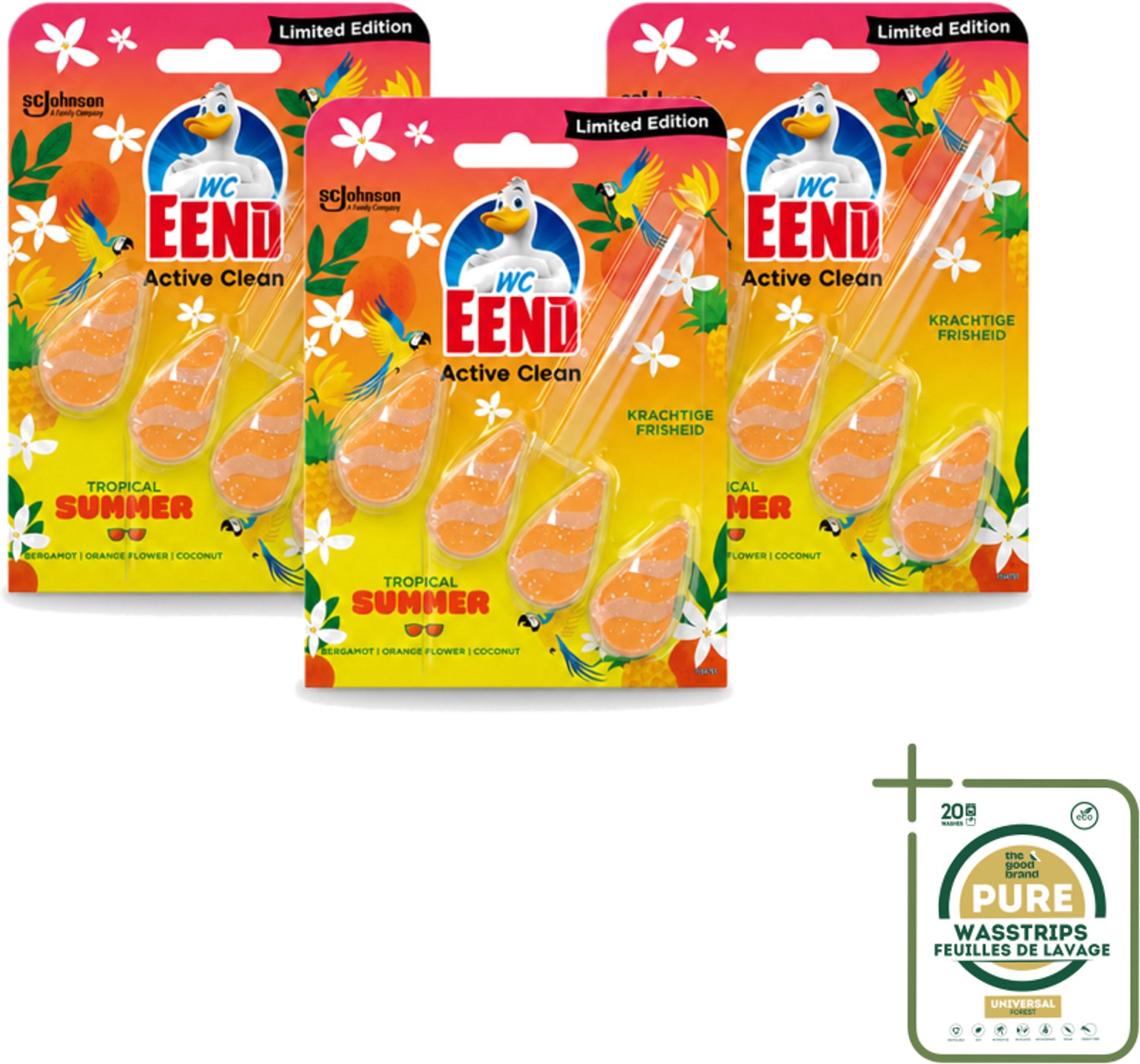 3 x WC Eend - Active Clean Tropical Summer - Toiletblok - Zomerse Frisheid - 38 gr - Wasstrips - Toiletblok - Zomerse Geur - Actief Schuim - Reiniging Toilet - Tropisch Toilet