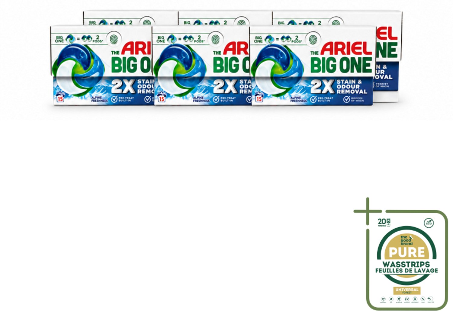 6 x Ariel - 3in1 Wasmiddel Pods - The Big One - Alpine - 15 Pods - Wasstrips - Ariel 3in1 Pod - Wasmiddel - Wasmiddelcapsule - Reinigingskracht - Vlekverwijdering