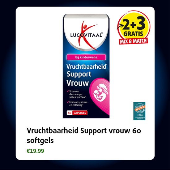 Verpakking van Lucovitaal Vruchtbaarheid Support Vrouw 60 capsules. Promotie "2+3 GRATIS MIX & MATCH".