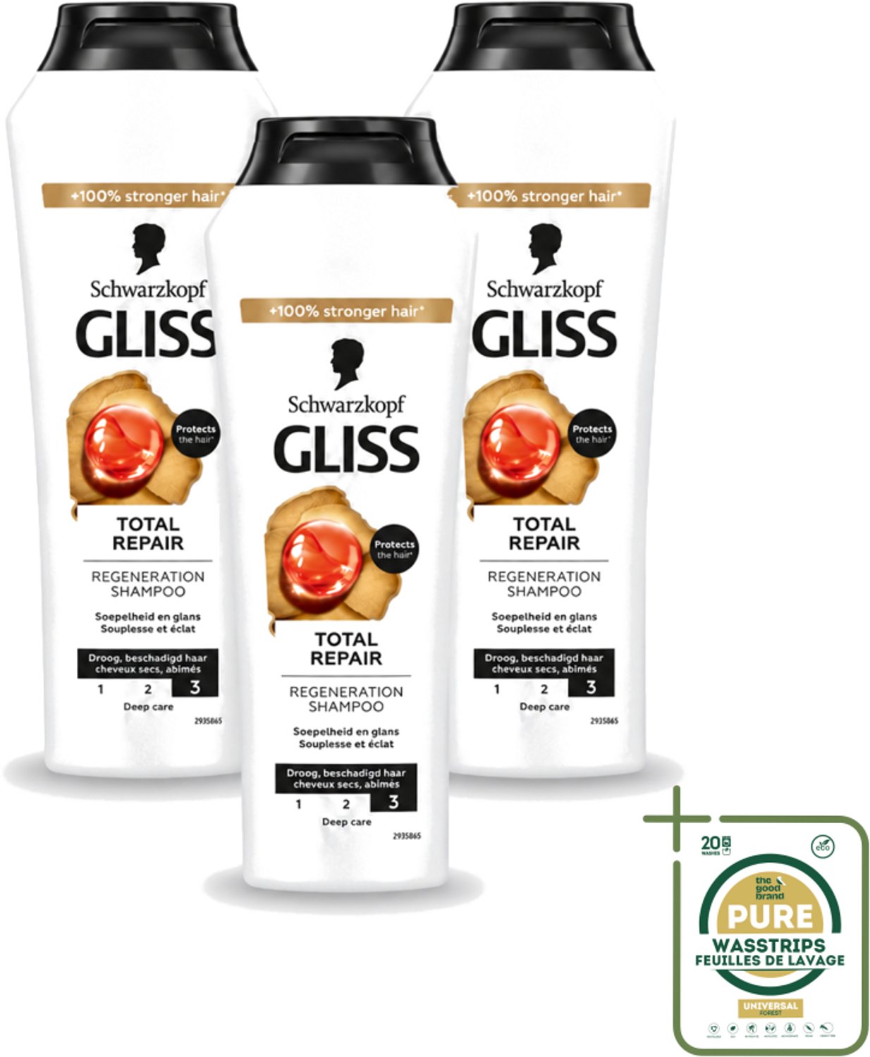 3 x Gliss - Shampoo - Total Repair - Voor Intensief Haarherstel - 250 ml - Wasstrips - Haarherstel Shampoo - Beschadigd Haar - Keratine Shampoo - Haarbreuk Verminderen - Glanzend Haar