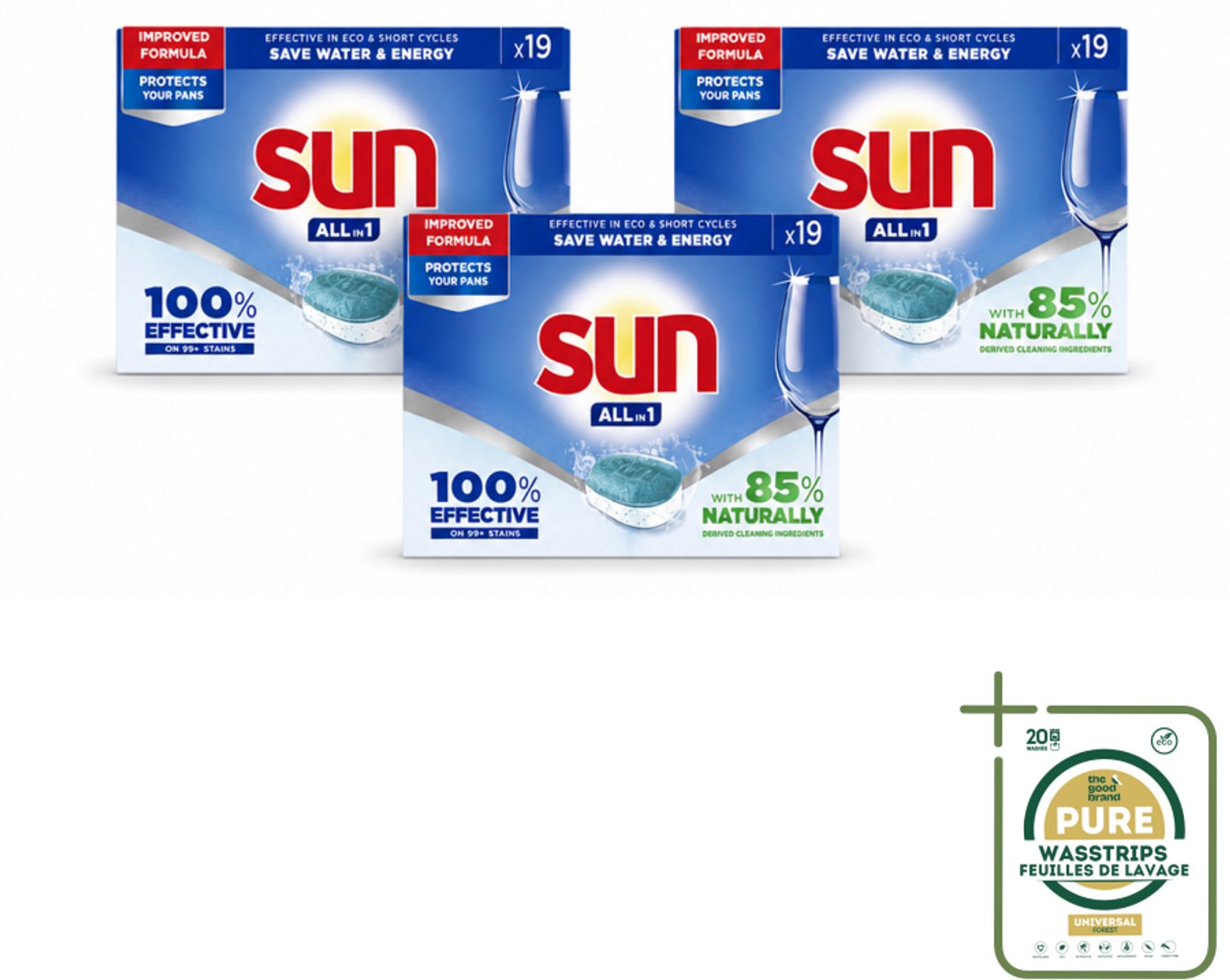 3 x Sun - Vaatwastabletten - All-in-1 Neutraal - 19 tabletten - Wasstrips - Vaatwasmiddel - Vaatwastablet - Vaatwasmiddel Neutraal - Vaatwassen - Vaatwasmiddel All-in-1