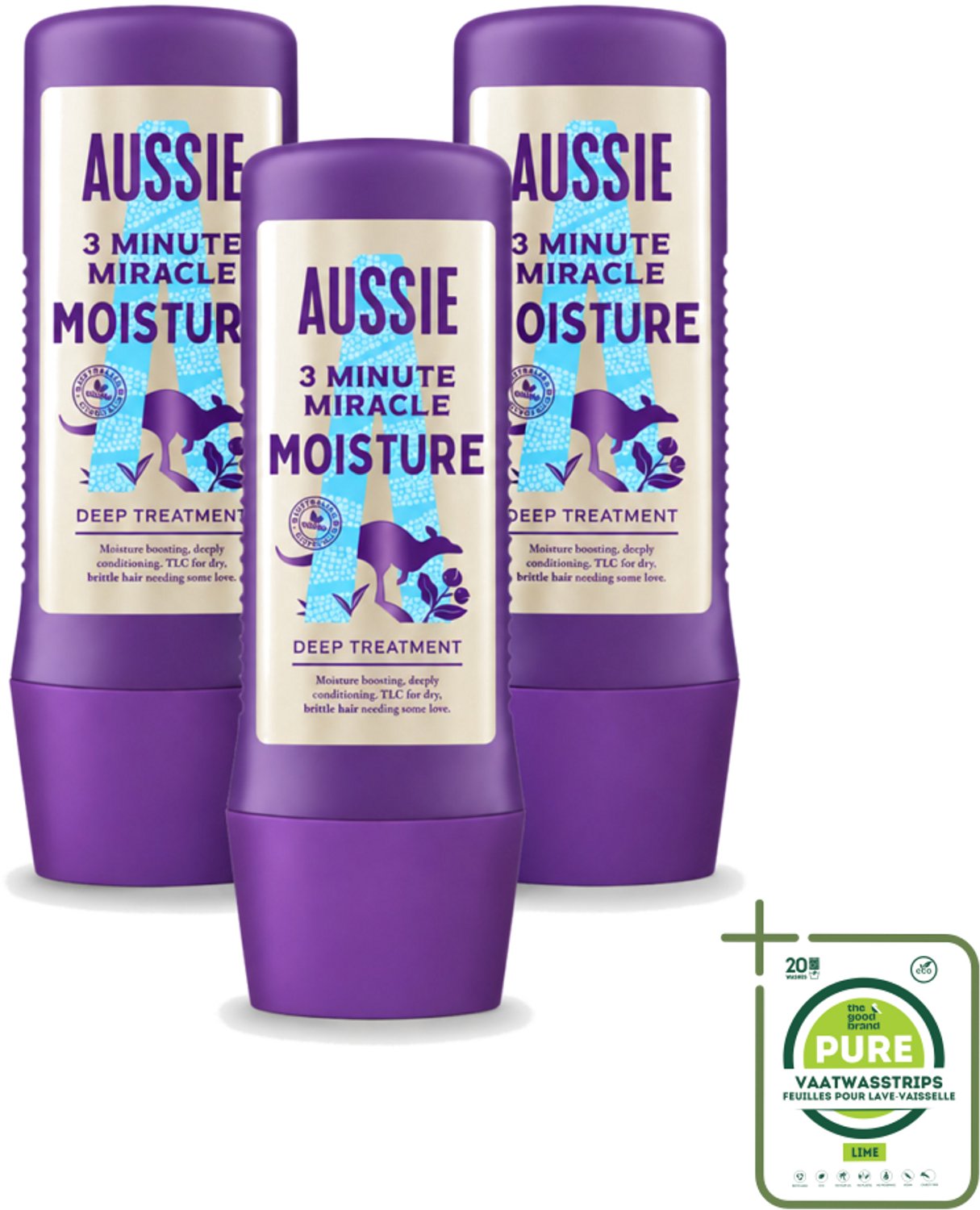 3 x Aussie - Haarmasker - 3 Minute Miracle Moisture - Intensief - Vegan Verzorging - 225 ml - Grootverpakking - Vaatwasstrips - Haarmasker - Haarhydratatie - Droog Haar - Vegan Haarverzorging - Macadamianootolie