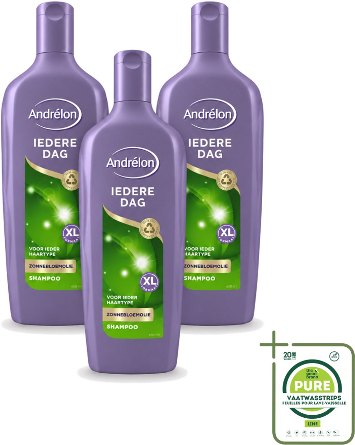 3 x Andrélon - Iedere Dag - Shampoo - 450 ml - Grootverpakking - Vaatwasstrips - Shampoo Dagelijks - Fris Haar - Gezond Haar - Luchtig Haar - Zonnebloemextract