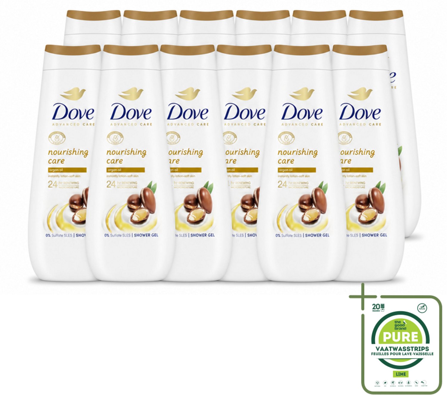12 x Dove Douchecrème - Nourishing Care - Arganolie - 400 ml - Grootverpakking - Vaatwasstrips - Douchegel - Huid Verzorging - Arganolie - Hydratatie - Droge Huid