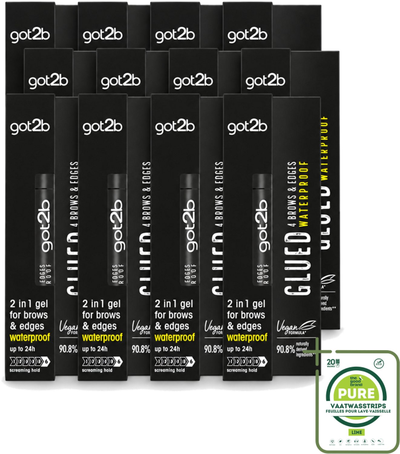 12 x Got2B - Wenkbrauwgel - 4 Brows & Edges Waterproof Transparant - 16 ml - Grootverpakking - Vaatwasstrips - Wenkbrauwen Stylen - Haarranden Stylen - Waterdichte Gel - Strakke Brows - Babyhaartjes