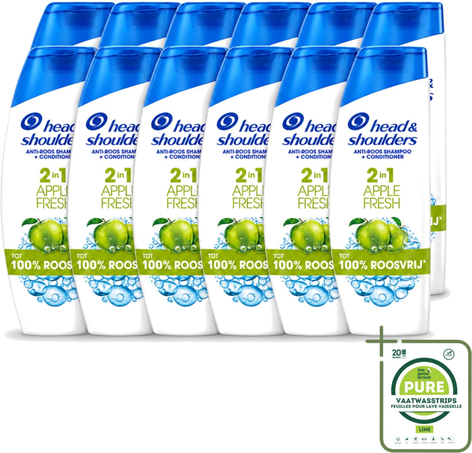 12 x Head & Shoulders - Shampoo - 2-in-1 - Apple Fresh - 100% Roosvrij - 300 ml - Grootverpakking - Vaatwasstrips - Anti-roos Shampoo - Hoofdproblemen - Hoofdhuidgezondheid - Microbioom - PH Balans