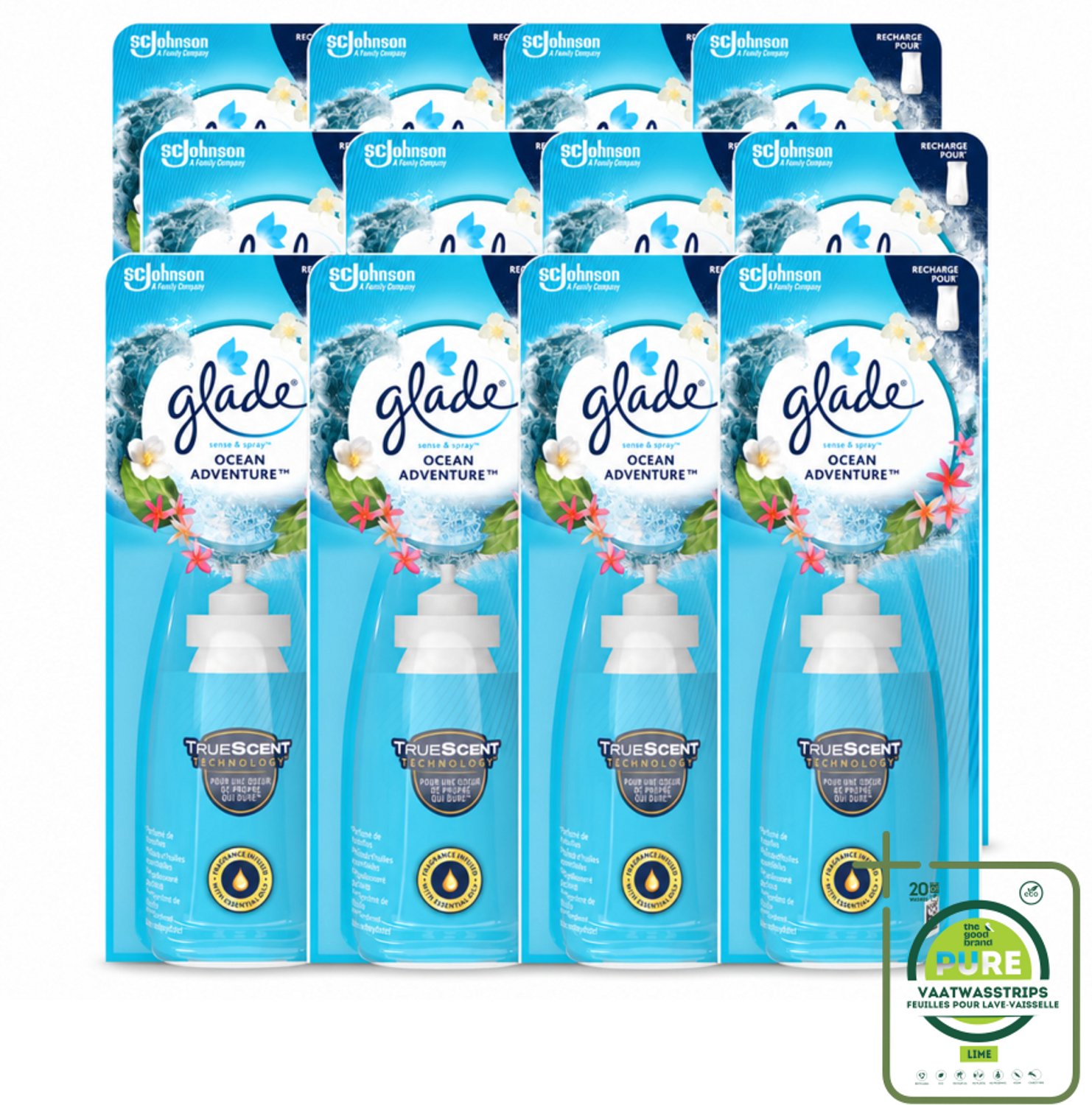 12 x Glade - Sense & Spray - Ocean Adventure - 18 ml - Grootverpakking - Vaatwasstrips - Zeegeur - Citroengeur - Bloemengeur - Geurverspreiding - Bewegingssensor