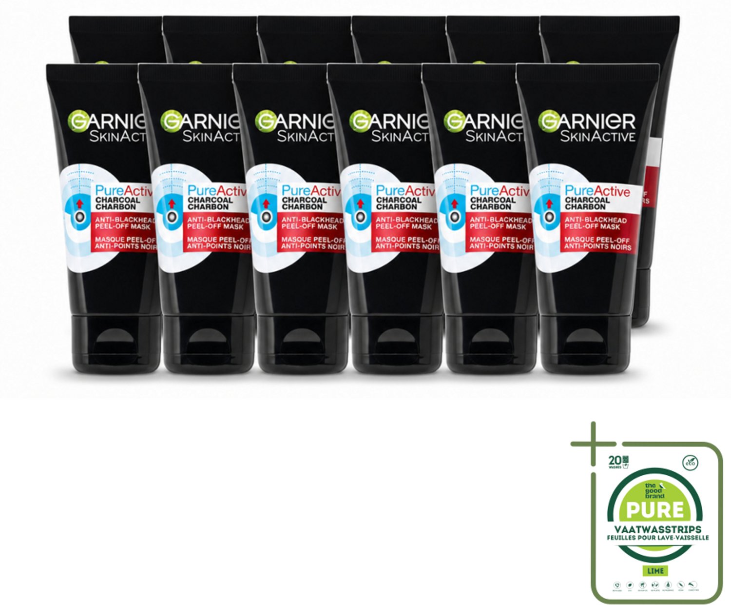 12 x Garnier - Pure Active - Peel-Off Masker - Charcoal - 50 ml - Grootverpakking - Vaatwasstrips - Huid Reinigen - Houtskool Masker - Salicylzuur Masker - Mee-eters Verwijderen - Poriën Verfijnen