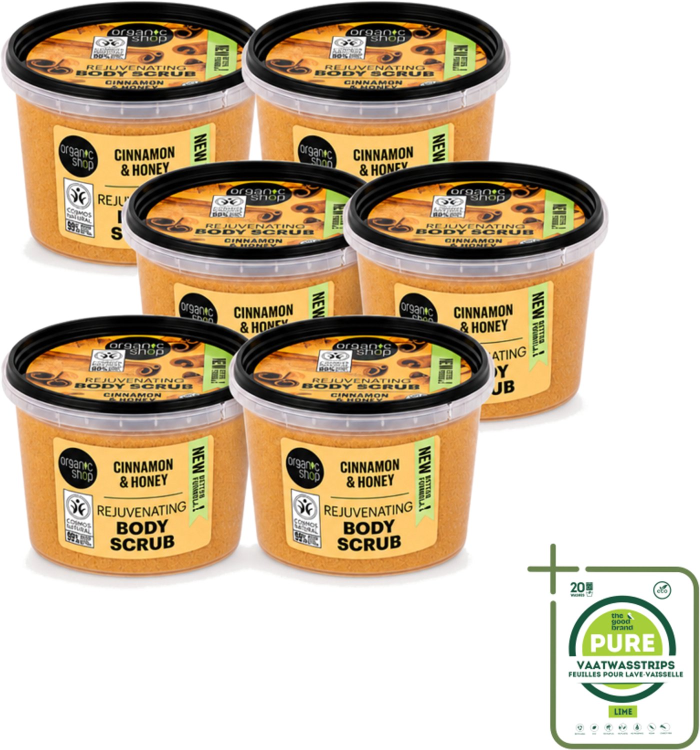 6 x Organic Shop - Rejuvenating Body Scrub Cinnamon - Exfoliërend en Hydraterend - 250 ml - Grootverpakking - Vaatwasstrips - Exfoliatie - Huidvernieuwing - Kaneel - Honing - Natuurlijke Huidverzorging