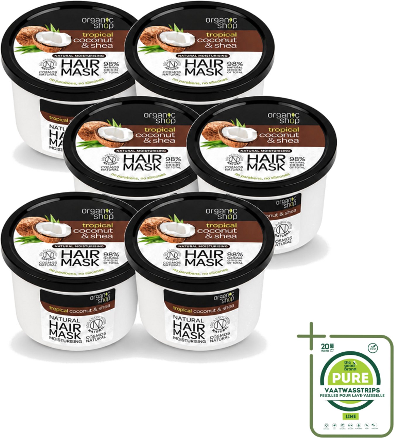 6 x Organic Shop - Haarmasker Coconut & Shea - Verzorgend en Voedend - 250 ml - Grootverpakking - Vaatwasstrips - Haarmasker - Kokosnoot - Shea - Natuurlijk Haarverzorging - Hydratatie