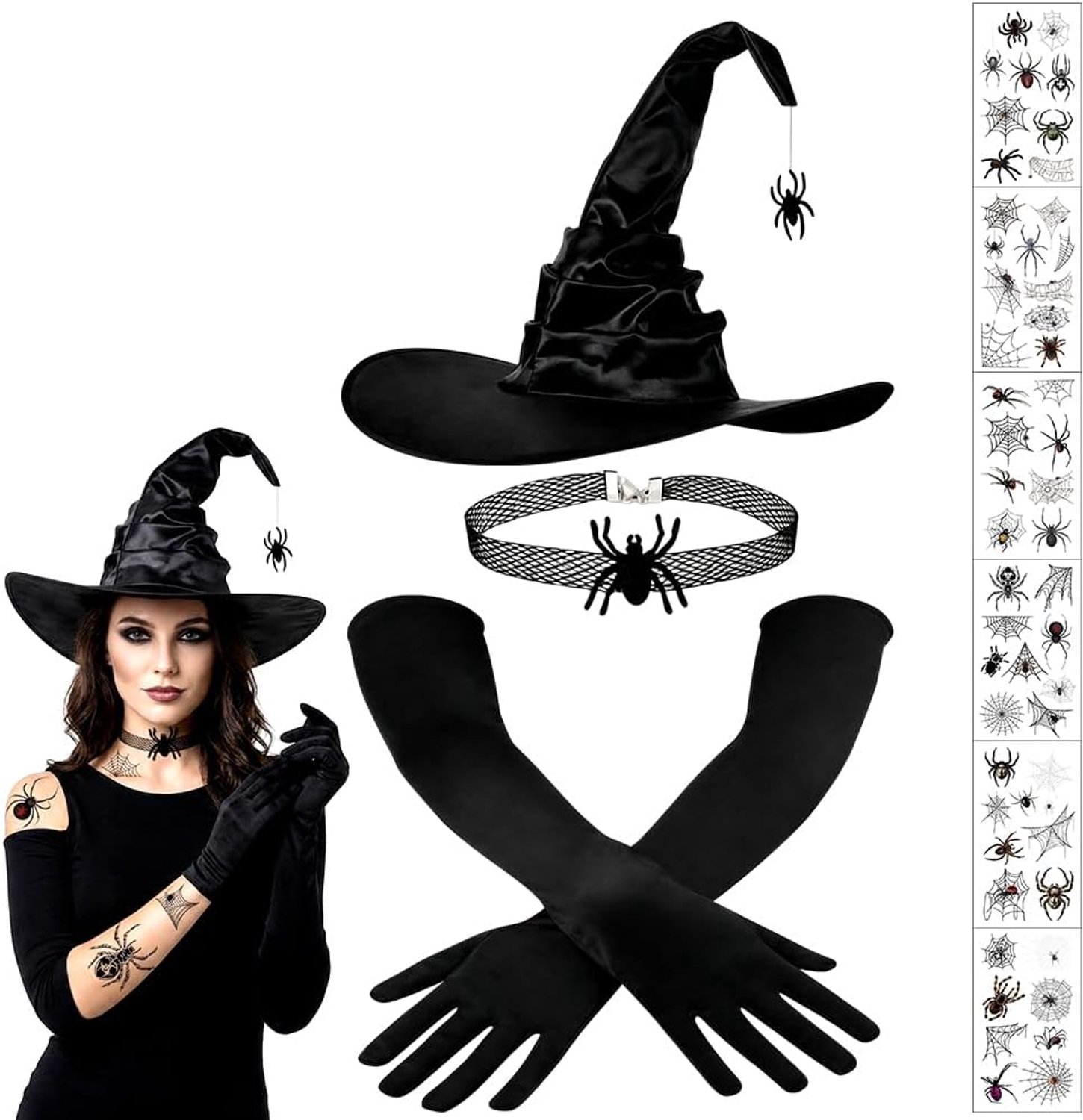Heksenhoed en lange satijnen handschoenen, heksenhoed volwassen set, spin tatoeages sticker, ketting spin hanger, fancy dress kostuum accessoires voor Halloween, feest cosplay - 9 stuks