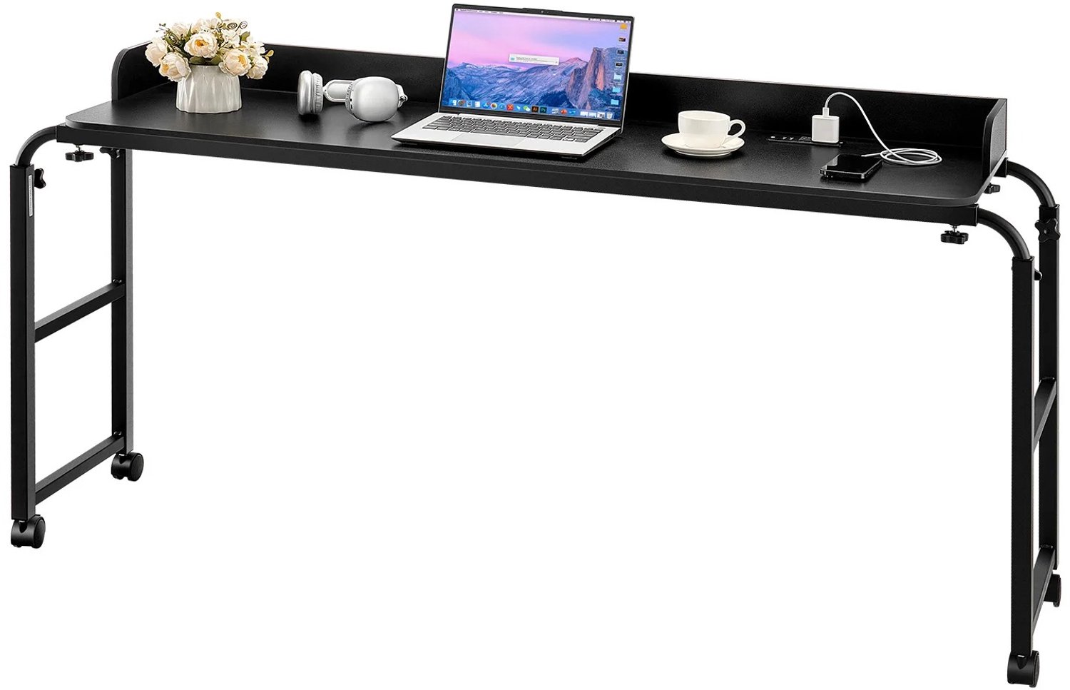 Prime Home Overbedtafel - Bedbijzettafel - Laptopbureau - Thuis, kantoor, studie - 4 wielen - Stopcontact - In hoogte verstelbaar - Zwart