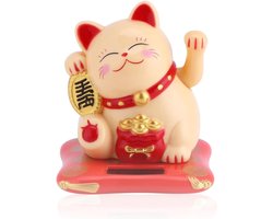 Jadeshay Maneki Neko, Solar Lucky Cat Wealth Welcoming Cat Cute Waving Fortune Cat Ornament for Desktop Car (Yellow)