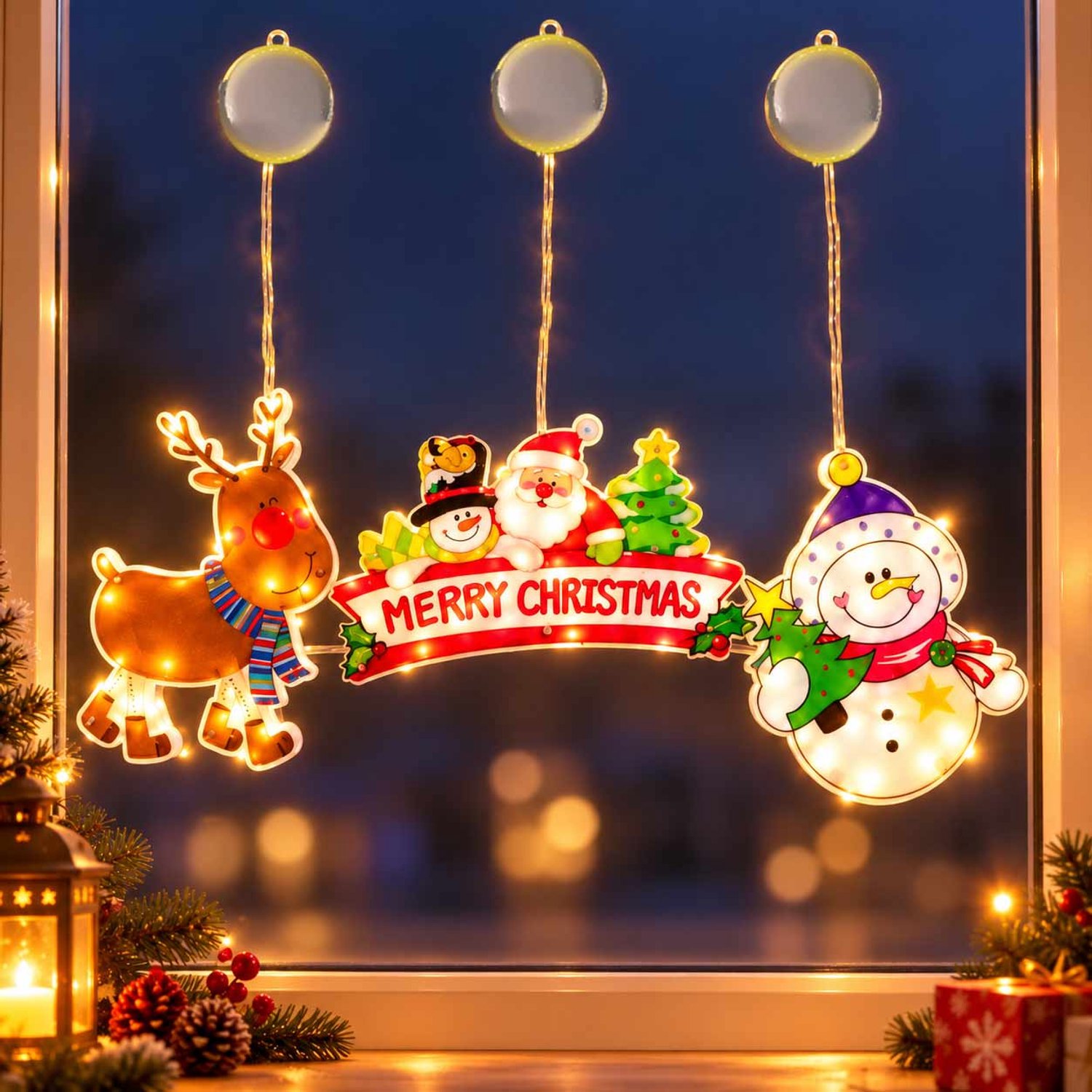 Meedeer LED kerstverlichting(3 led-zuignappen set)-Verlichte kerstfiguren-Voor ramen/opgehangen-Kerst decoratie verlichting-Kerst Raamverlichting（Herten/Sneeuwpoppen/Kerstman）