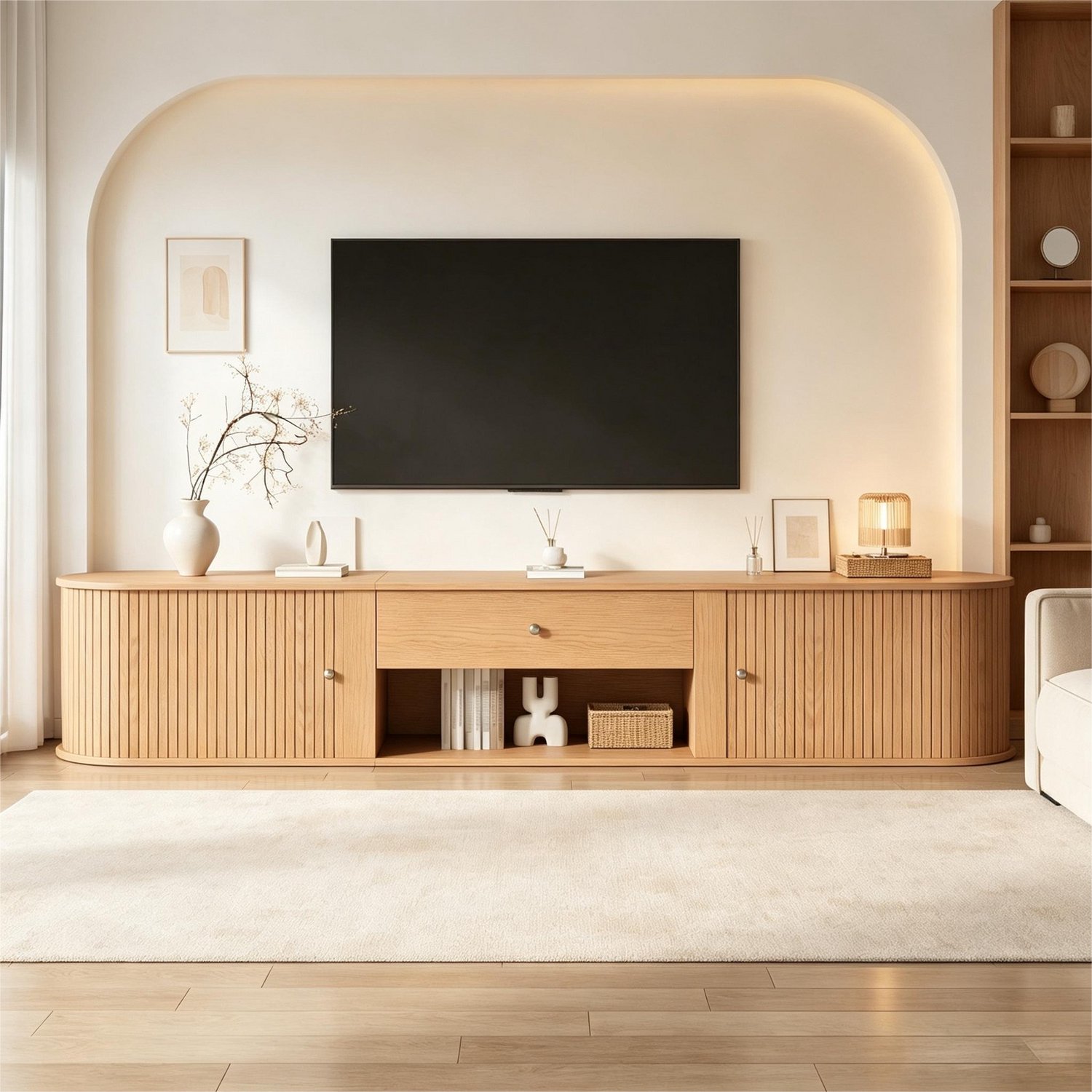 Clruro TV-Meubel - 180×40×40 cm - 2 Roldeuren en Lade - Open Vak - Spaanplaat - Houtlook Naturel