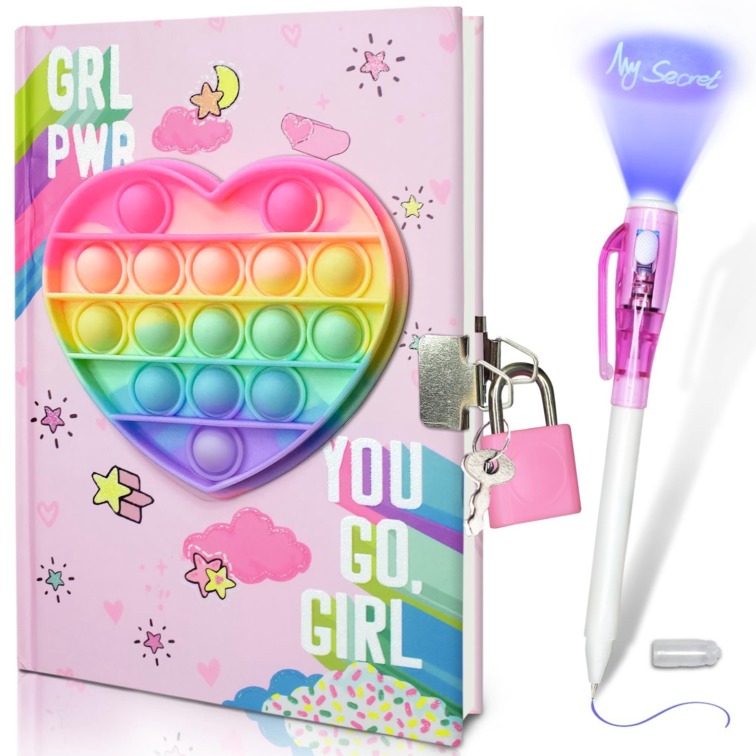 Pop Geheim Dagboek voor Meisjes met Slot, Hart Wiebelen Notitieboek met Onzichtbare Inkt Pen 19x13,5 cm 80 Vellen - ShopVlot