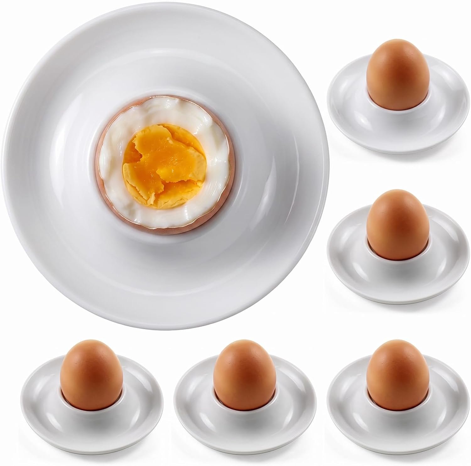 Set van 6 witte eierdopjes, stapelbaar, van kunststof, rond, glad, robuust en vaatwasmachinebestendig, voor ontbijt, brunch, camping, tafel en keuken