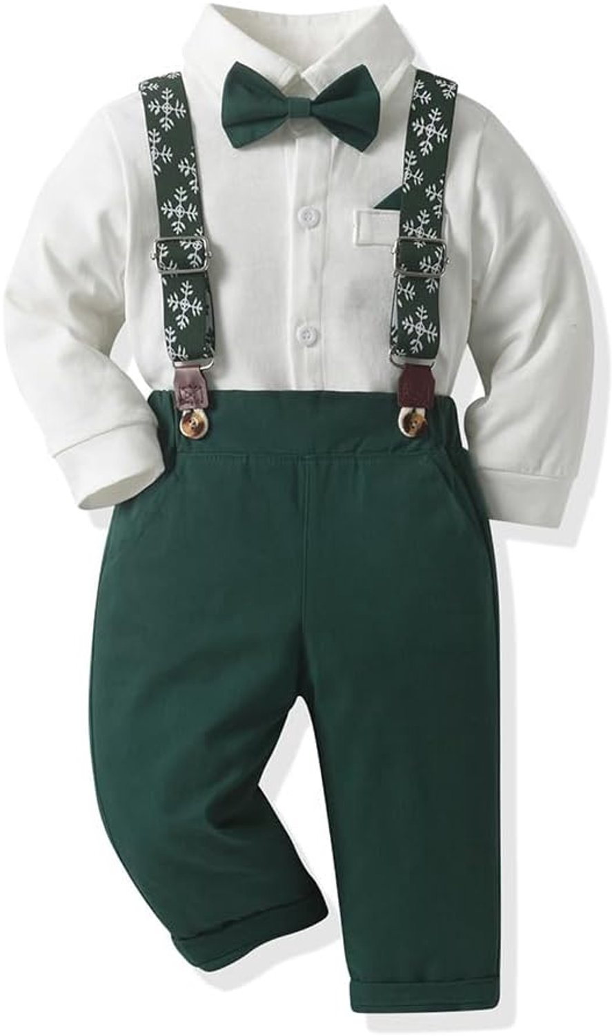 Babyset voor jongens, kersthemd, gentlemankostuum, kinderkleding, shirt met lange mouwen en broek met bandjes, vlinderdas