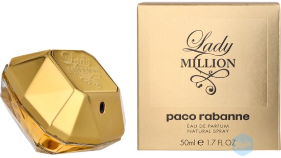 Gouden Lady Million Eau de Parfum van Paco Rabanne, 50ml, met bijpassende gouden doos.