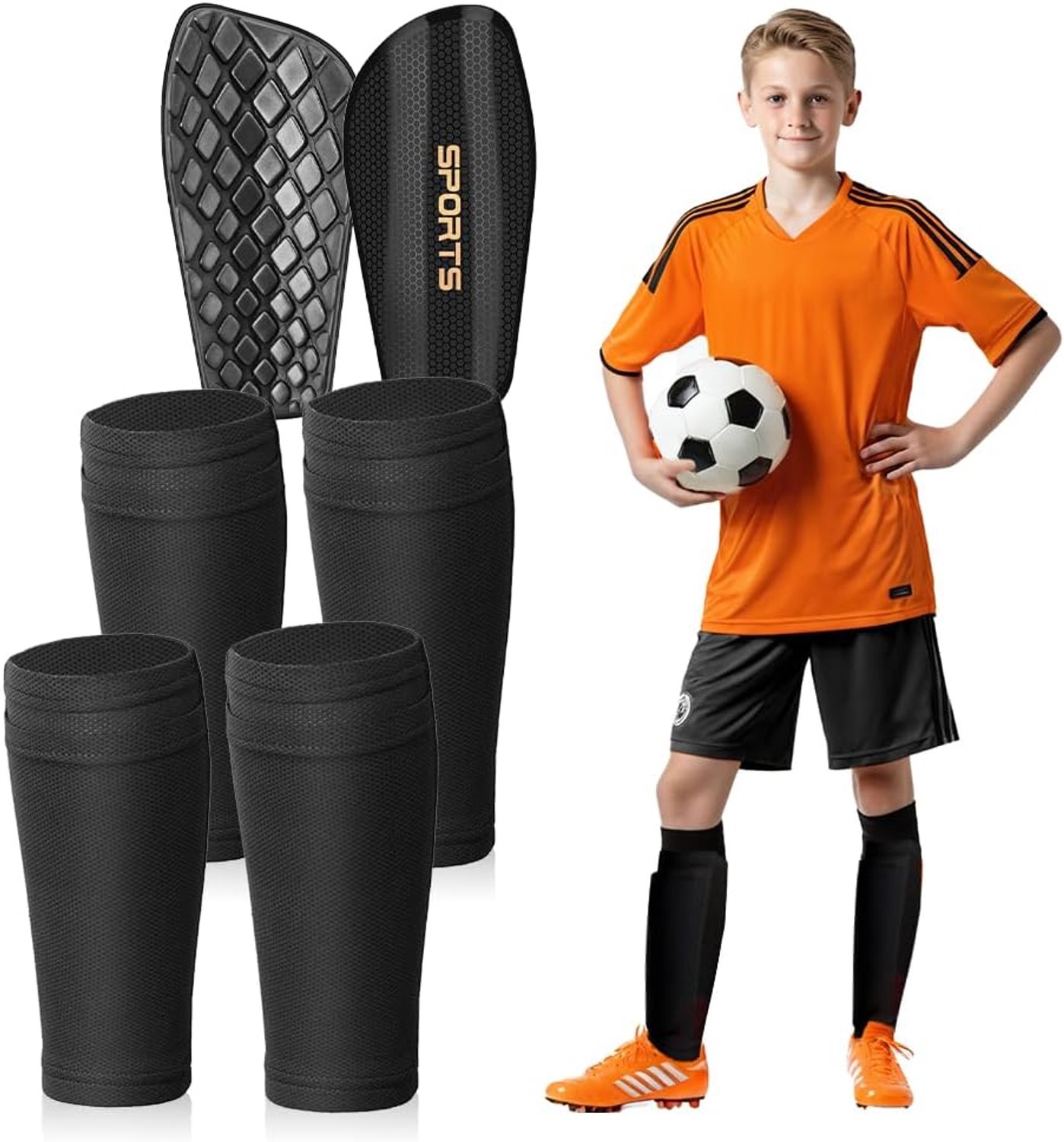 Voetbalscheenbeschermers, scheenbeschermers met anti-slip mouwen en geoptimaliseerde steekzak, dubbellaagse scheenbeschermers voetbal, ter bescherming van de benen, voor kinderen, jongeren en